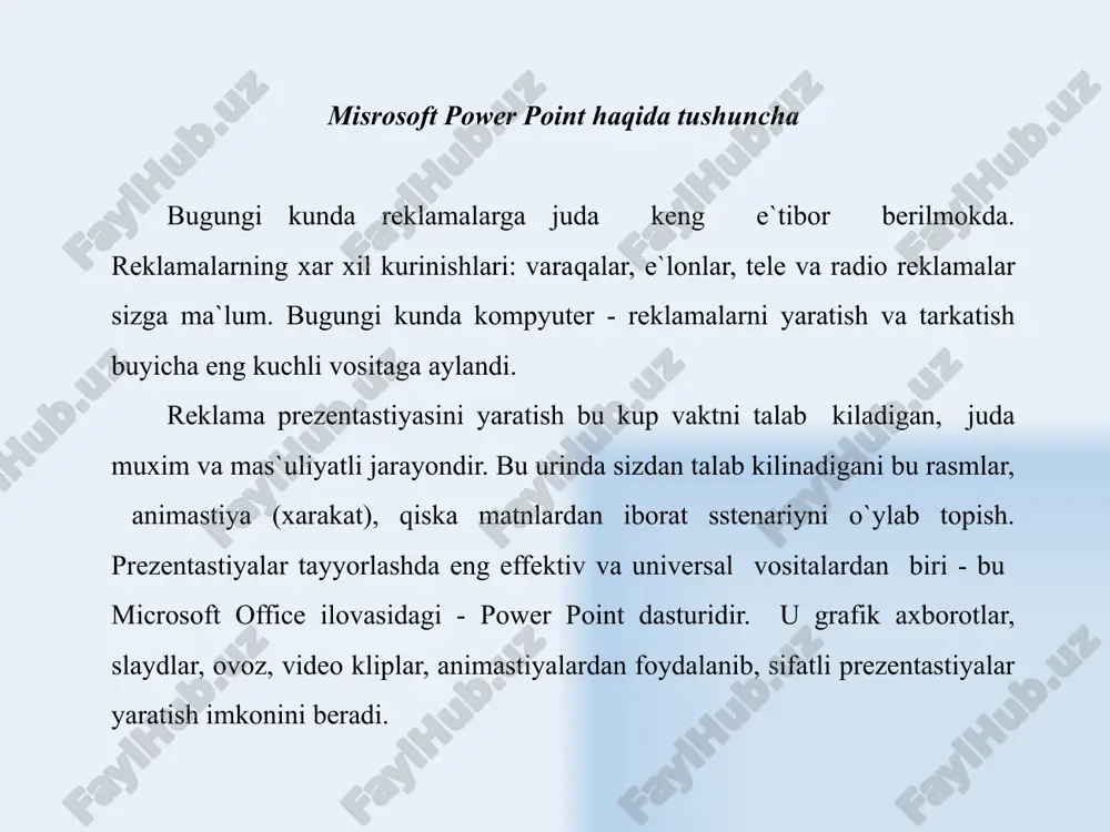 nelidagi uskunalarning hammasi ms word dasturing standart uskunalar panelidagi kabi bir xil va bir xil amalni bajaradi. formatlash uskunalar panelida esa ms word dasturida yo`q bo`lgan ba`zi bir uskunlar joylashgan. quyida ana shu uskunalar va ularning bajaradigan amali to`g'risida to`xtalib o`tamiz. 3. power point dasturida rasm, ovozlar va animastiyalar yozish. slaydlarga rasm va boshqa obyektlarni qo`yish. power point dasturida ham ms word dasturidagi kabi rasmlar bilan ishlash paneli mavjud. ushbu panelda kartinkalar bilan ishlash oynasini chiqarish, fayldan rasm qo`yish, shakllar chizish va turli xil avtofiguralardan foydalanish kabi bo`limlari bor. “avtofiguro'” bo`limida ms word jasturinikidan farqli ravishda “upravlyayuhie kpopki” – ya`ni boshqaruvchi tugmalar qismi ham joylashgan. ushbu bo`limdan biz o`zimiz kerakli bo`lgan boshqarish tugmalarini o`rnatishimiz mumkin. boshqarish tugmalari deganda bir slaydan navbatdagisiga o`tkazish yoki oxirgi slaydga o`tkazish uvbi ishlarni bajarish tugmalari tushuniladi. 4. power point dasturida gipperso'lkalar, animastiyalar kiritish va sozlash. gipperso'lkalar o`rnatish. gipperso'lka (gipperbog'lanish) o`rnattish mumkinligi power point dasturini imkoniyatini …