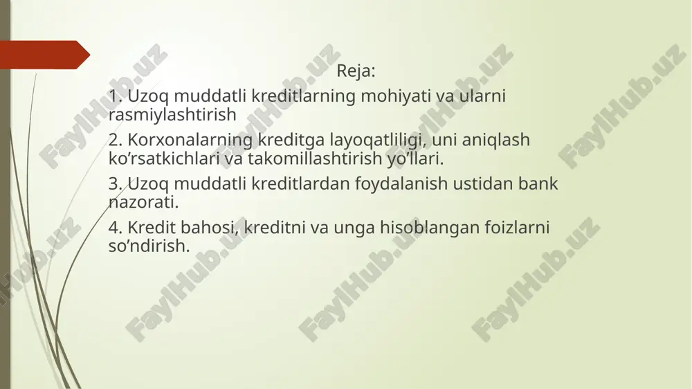 fitsienti; 2. oz aylanma mablaglari mavjudligi; 3. foyda va rentabellik koeffitsientlari. mijozning kreditga layoqatlilik darajasi banklar uchun juda zarur, chunki har bir berilgan kredit risk bilan bogliq. agar bank riskni hisobga olmasa, kredit oz vaqtida qaytmasligi yoki umuman tolanmasligi mumkin. shu sababli, banklar oz mijozlari moliyaviy holatini, tolovga qobilligini va albatta, kreditga layoqatliligini tahlil qiladi. absolyut likvid mablaglar tarkibiga balans aktiv qismining ikkinchi bolimi jamisi kiritiladi. ular 3 qismdan iborat: 1. oson ishlatiladigan zahiralar; 2. pul mablaglari; 3. oson amalga oshiradigan talablar, "debitorlik qarzlari". jahon amaliyotida korxona likvid mablaglari ikkiga bolinadi: 1.absolyut likvid mablag’lari; 2.joriy likvid mablag’lari joriy likvid mablaglar bu juda ham tez pulga aylanadigan korxona vositalarini oz ichiga oladi, shu sababli joriy likvid mablaglar tarkibiga balans aktiv qismi ikkinchi bolimining quyidagilari kiradi: pul mablaglari; debitorlik qarzlari. kredit bahosi – qarz oluvchi va bank o‘rtasida belgilangan foiz stavkasi bo‘lib, inflyatsiya, pul bozori holati va markaziy bank stavkasiga qarab belgilanadi. …