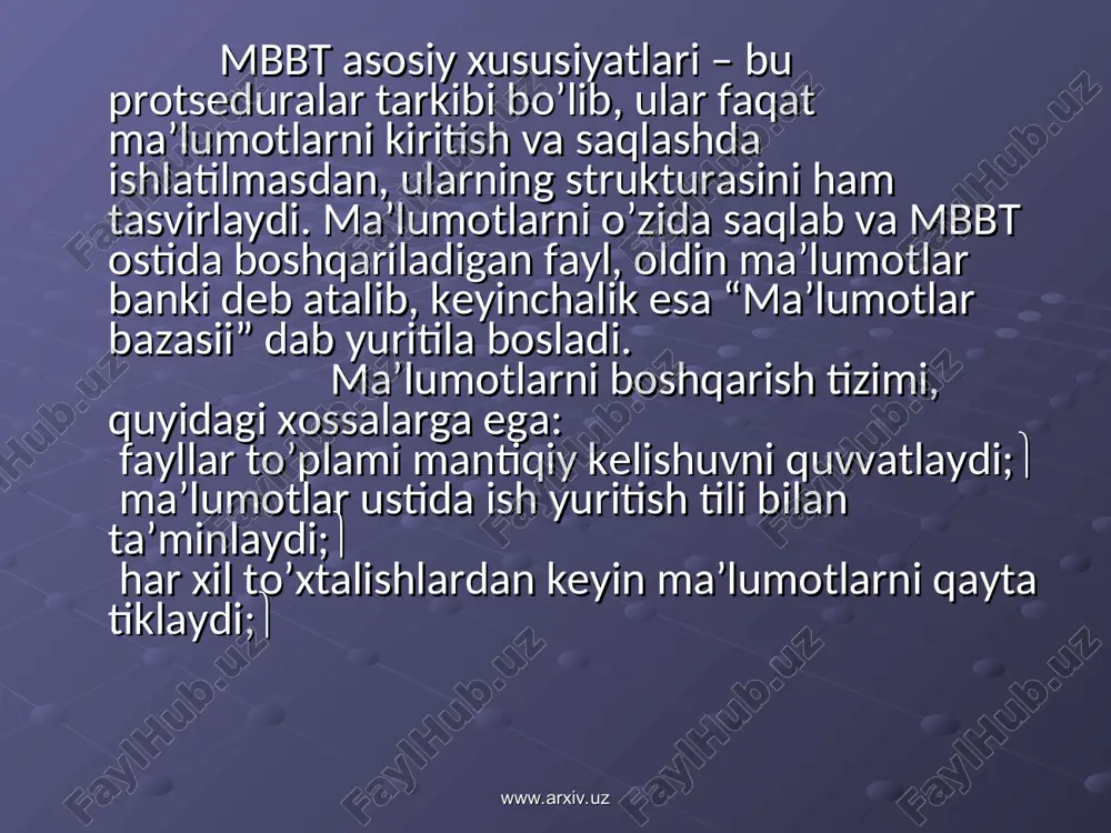 et operatsiyalar yordamida mbbtga ta’sir etishdir. tranzaktsiya ma’lumotlar bazasini bir butun holatdan ikkinchi bir butun holatga o’tkazadi, yoki agar ma’lum sababga ko’ra tranzaktsiyaning biror holati bajarilmaydigan bo’lsa yoki tizimda biror xatolik yuz bersa, ma’lumotlar bazasi boshlang’ich holatiga qaytadi. mbning mantiqiy butunligini quvvatlash uchun tranzaktsiya tushunchasi kerak. jurnalizatsiya www.arxiv.uz www.arxiv.uz www.arxiv.uz www.arxiv.uz mbbt ga bo’lgan asosiy talablardan biri bu tashqi xotirada ma’lumotlarning ishonchli saqlanishidir. ma’lumotlarning ishonchli saqlanishi deganda har qanday apparatli yoki dasturli to’tab qolishdan (sboydan) keyin mbbt mbning oxirgi holatini qayta tiklashi tushuniladi. odatda apparatli to’xtab qolish holati ikki xil bo’ladi: engil to’xtab qolish, ya’ni bunda kompyuter ishlashi kutilmaganda to’xtashi (masalan, elektr toki manbaining o’chishi), ikkinchisi qattiq to’xtab qolish, bu tashqi xotirada ma’lumotlarning yo’qolib ketishi bilan xarakterlanadi. dasturli to’xtab qolishlarga quyidagilarni keltirishi mumkin: mbbtning to’satdan buzilishi bilan ishni tugatishi (dastur xatosi bo’yicha yoki qaysidir apparatning to’xtab qolishi natijasida) yoki foydalanuvchi dasturining avariya bilan tugallanishi bo’lib natijada ayrim tranzaktsiyalar tugallanmasdan qoladi. …