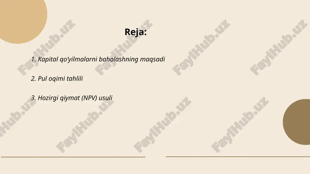 hozirgi qiymati hisoblanadi. agar npv musbat boʻlsa, loyiha qabul qilinadi, chunki u kutilgan daromadlarni keltiradi; manfiy npv esa loyihaning rad etilishi lozimligini koʻrsatadi. npv = (pul oqimlari / (1 + i)^t) - dastlabki investitsiya, bu yerda "i" diskont stavkasi, "t" esa vaqt davridir. npvning afzalligi – pul vaqt qiymatini hisobga olishi va pul oqimlarining kutilgan risk darajasini aks ettirishidir. ... t.me/slaydai_bot ichki rentabellik (irr) stavkasi kapital qo‘yilmalarni baholash usullaridan biri bo‘lib, loyihani yoki investitsiyani baholashda ishlatiladi. irr - bu investitsiyalarning kutilayotgan rentabellik darajasi bo‘lib, uning qiymati investitsiyaning sof joriy qiymatini (npv) nolga tenglashtiradigan diskont stavkasidir. irr hisob-kitoblarida kiritilgan xarajat va kutilgan daromad oqimlari ko‘zda tutiladi. umuman olganda, irr yuqori bo‘lsa, loyihaning investitsiyaviy jozibadorligi oshadi. masalan, agar irr 15% bo‘lsa va bu kapitalning tilangan daromadidan yuqori bo‘lsa, loyiha moliyaviy jihatdan oqlanadi. irr qaror qabul qilishda muhim mezonlardan biridir. ... t.me/slaydai_bot kapital qoʻyilmalarni baholashda 5. qayta toʻlov davri usuli investitsiya loyihasining oʻz …