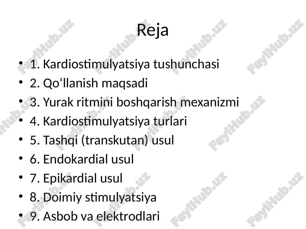 rda qo‘llaniladi. asbob va elektrodlari • generator (impuls manbai) • elektrod (yurakka ulangan o‘tkazuvchi sim) • boshqaruv tizimi (programmalashtiruvchi qurilma) amalga oshirish shartlari • yurak faoliyati ekg orqali kuzatiladi • aseptika va antiseptika qoidalari saqlanadi • yurak ritmiga mos chastota tanlanadi (60–100/min) ko‘rsatmalar • sinus tugunining zaifligi • yurak blokadasi (ii–iii daraja) • og‘ir bradikardiya • asistoliya • qisqa muddatli yurak to‘xtashi asoratlar • yurak aritmiyalari • elektrod siljishi • infeksiya, gematoma • elektrod sinishi • og‘riq va noqulaylik hissi xulosa ✅ kardiostimulyatsiya — yurak ritmini tiklash va hayotni saqlashda muhim usul. ✅ to‘g‘ri usul tanlash bemorning holatiga bog‘liq. ✅ vaqtida bajarilgan stimulyatsiya yurak to‘xtashining oldini oladi. /docprops/thumbnail.jpeg
