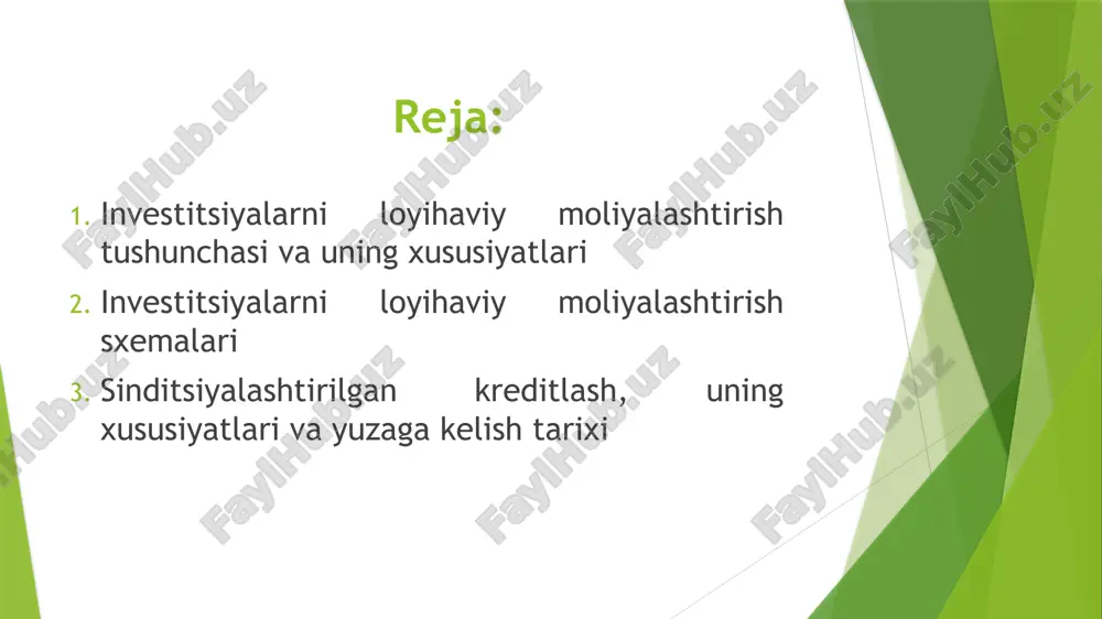 lab juda katta bo‘lib, unda aralash moliyalashtirish usullaridan foydalaniladi; loyihalashtirish va qurilish ishlariga mehnat talabi katta bo‘ladi; ishga tushish muddati 5-7 yil va undan uzoq muddatlarda beriladi; loyiha ishga tushadigan joylarning ajratilishi va shu sababli infratuzilmani rivojlantirish maqsadida qo‘shimcha xarajatlarning kiritilishi; davlat yoki mintaqaning iqtisodiy-ijtimoiy holatiga ta’siri. investitsiyalarni loyihaviy moliyalashtirish sxemalari loyihaviy moliyalashtirishni amalga oshirish o‘ziga xos tamoyillarga asoslanadi va ular quyidagilardan iborat: – investitsion loyihada loyihani amalga oshirishga tayyor ishonchli sheriklarning ishtirok etishi; – loyiha texnik-iqtisodiy asoslanishi va loyiha-smeta hujjatlarining yuqori talab darajasida ishlab chiqilishi; – loyihaning yetarli darajada kapitalizatsiyasi; – loyihaning qurilish-montaj va ekspluatatsiya mezonlarini batafsil o‘rganib chiqish (transport, mahsulotni ishlab chiqarish, marketing va shu kabilar); – loyiha riskini baholash va uni loyiha ishtirokchilari o‘rtasida taqsimlash; – garov yoki boshqa ta’minotning maqsadga muvofiq mavjudligi. loyihaviy moliyalashtirishning yuqorida keltirilgan tamoyillari uni amalga oshirishning quyidagi ikki turdagi moliyaviy sxemalarida o‘z ta’siriga ega bo‘ladi: parallel moliyalashtirish. bosqichma-bosqich moliyalashtirish. parallel moliyalashtirish moliyalashtirish …