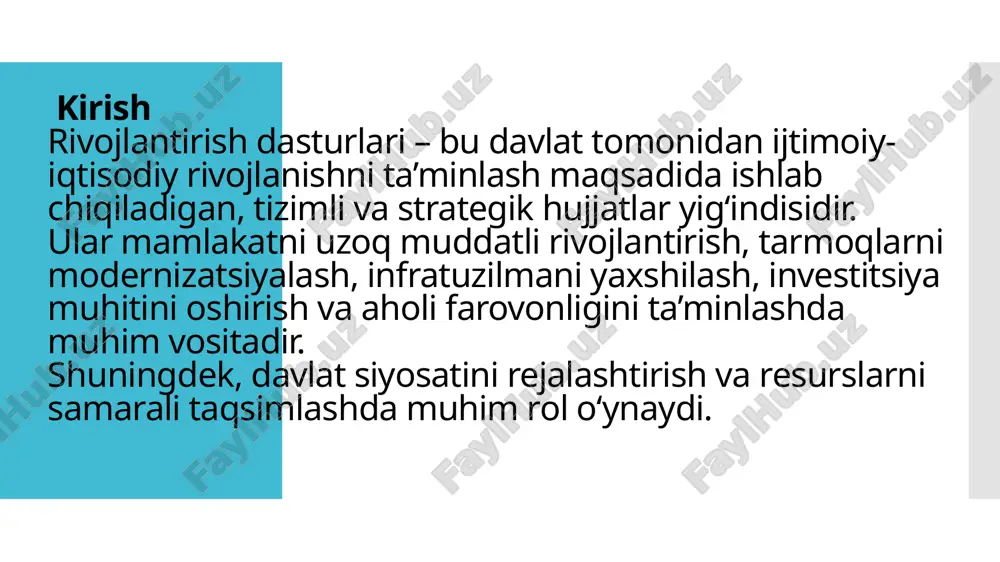 ishga qaratilgan bo‘lishi kerak. misol: ishsizlik darajasining yuqoriligi, infratuzilma eskirganligi, energiya tanqisligi, aholi ehtiyojlarining ortishi va h.k. muammolarni aniq tahlil qilish – dastur muvaffaqiyatining kalitidir. dastur ishtirokchilari davlat organlari: vazirliklar, agentliklar, mahalliy hokimliklar. xalqaro tashkilotlar: jahon banki, osiyo taraqqiyot banki, bmt agentliklari. xususiy sektor: investitsiya jalb qilish va davlat-xususiy sheriklik. fuqarolik jamiyati: nodavlat tashkilotlar, jamoatchilik nazorati. moliyalashtirish manbalari davlat byudjeti: asosiy moliyaviy manba. byudjetdan tashqari jamg‘armalar: infratuzilma rivojiga yo‘naltirilgan mablag‘lar. xalqaro grantlar va kreditlar. xususiy sektor investitsiyalari. donor tashkilotlar mablag‘lari. moliyalashtirish mexanizmlari to‘g‘ridan-to‘g‘ri moliyalashtirish: budjet orqali ajratmalar. davlat-xususiy sheriklik (ppp): infratuzilmani modernizatsiya qilishda. grantlar: ijtimoiy loyihalarni amalga oshirish uchun. kreditlar: xalqaro moliya institutlaridan olinadigan qarzlar. dastur monitoringi va baholash dastur ijrosi davomida va undan so‘ng monitoring olib boriladi. kpi (kalit natija ko‘rsatkichlari) orqali baholash: ko‘rsatkichlar: ishsizlik darajasi, yim o‘sishi, eksport hajmi va h.k. mustaqil auditorlar yoki jamoatchilik ishtirokida baholash. muammolar va takliflar muammolar: -resurslar yetishmasligi -koordinatsiya yetarli emasligi -nazoratning sustligi …
