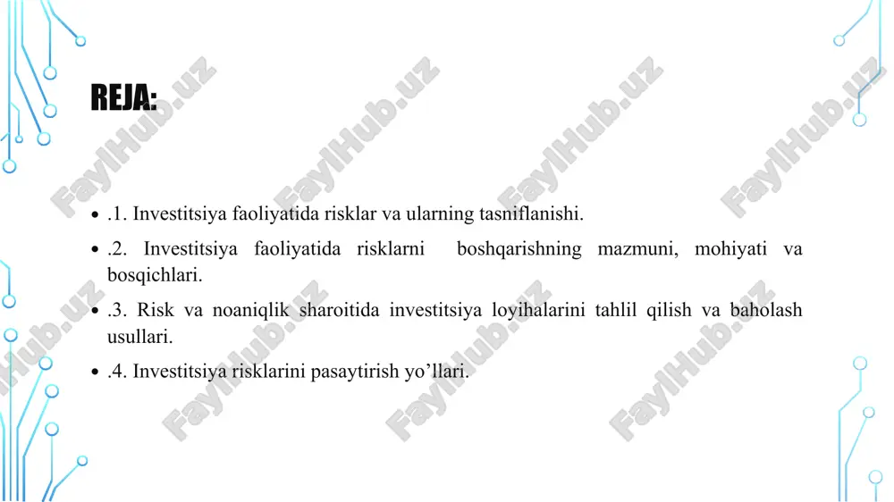 atta zarar yoki katta foyda olish imkoniyati bor; sof risklar - ular ta’sirida nolga teng bo’lgan zarar(foyda) ko’rish mumkin. 4. loyihaga ta’sir etish darajasi bo’yicha risklar quyidagilarga bo’linadi: mumkin bo’lgan risklar - ular ta’sirida kutilgan foydadan ayrilish mumkin; kritik risklar - loyiha pul tushumlaridan ayrilish xatari; katastrofik risklar - daromaddan va kiritilgan investitsiyalardan ayrilish xatari. moliyaviy bozor eng yuqori riskga ega bo’lgan soha deb hisoblanadi. undagi risklar ikkita katta guruhga bo’linadi: - tizimli risklar; - tizimsiz risklar. tizimli risklar (investitsiya portfeli risklari) - bu xatar ta’siriga ba’zi bir qimmatli kog’ozlar emas, balki butun bozor, uni katta bir qismi risklarga uchraydi. bu holda iqtisodiy nobarqarorlik tufayli yoki boshqa sabablarga ko’ra ko’pchilik emitent va qimmatli qog’ozlar egalari zarar ko’rishlari mumkin. tizimli risklarga quyidagilar kiradi: foiz riski; valyuta riski; inflyatsiya riski; siyosiy risklar. tizimsiz risklar - xatarga ba’zi bir qimmatli qog’ozlar yoki ularni majmuasi uchraydi, ya’ni ma’lum bir korxonaning qimmatli qog’ozlari yoki tarmoqning …