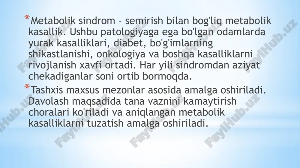 ilmagan. patologiyaning paydo bo'lishida asosiy ro`l markaziy semizlik va unga hamroh bo'lgan jarayonlarga - insulin qarshiligi, surunkali yallig'lanish va oksidlovchi stressga bog'liq. markaziy yoki qorin bo'shlig'idagi semirish bel sohasidagi ortiqcha yog' bilan tavsiflanadi. bu erkaklarga xosdir, shuning uchun u android deb ham ataladi. bunday holda, yog 'qorin bo'shlig'ida joylashgan bo'lib, ichki organlarning ishini buzadi. ayollar sonida teri osti yog’ miqdorining ortishi bilan ajralib turadi. bundan tashqari erkaklar semizligi ham bor. qorin bo'shlig'idagi yog` massasining ortishi insulin qarshiligi bilan birga keladi. ushbu hodisa periferik to'qimalarning insulin ta'siriga sezgirligining pasayishi va glyukozaning hujayra ichiga kirishidagi qiyinchilik bilan tavsiflanadi. yuqori uglevodli ovqatlarni iste'mol qilgandan so'ng, qon shakar darajasi oshadi. oddiy kontsentratsiyani saqlab qolish uchun organizm ichki organlarda yog’ shaklidagi moddani saqlaydi. bu ularning disfunktsiyasiga va insulin qarshiligini oshirishga olib keladi. jigarda qon ivish omillari, xolesterin va uning fraksiyalari sintezi buziladi. triglitseridlar va past zichlikdagi lipoproteinlar ishlab chiqarish ko'payadi va yuqori zichlikdagi lipoproteinlar hosil …