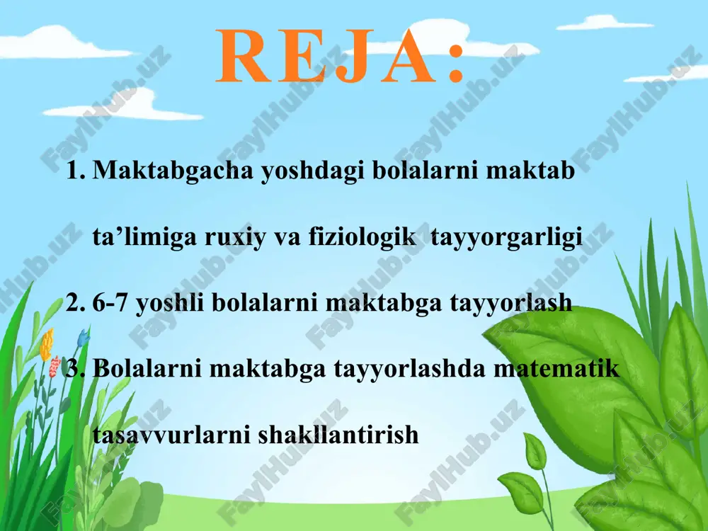 nadi, chukurlashtiriladi va kengaytiriladi. bir kancha xollarda, masalan, joyni bilish ko‘nikmasini rivojlantirish yuzasidan olib boriladigan ishlarda uyinlar asosiy o‘quv vazifasini o’taydi. matematik tushunchalar geometrik shakllar fazoviy tasavvurlar kattalik mikdor va son vakt xakidagi tasavvurlar matematik tushunchalar geometrik shakllar fazoviy tasavvurlar kattalik miqdor va son vaqt xaqidagi tasavvurlar maktabgacha yoshdagi bolalar ta’lim tarbiyasiga qo‘yiladigan davlat talablarini hayotga joriy etish keng ko‘lamli ish bo‘lib, u bosqichma-bosqich amalga oshiriladi. 9 semiz ozg’in uzun kalta baland past og’ir yengil 6 — 7 yoshdagi bolalarning maktabga tayyorlik darajasi ushbu davlat talablari, ko‘rsatkichlari asosida o‘quvchilarni kasb-hunarga yo‘naltirish va pedagogik-psixologik tashxis markazi mutaxassislari tomonidan tekshiriladi. davlat talablari ko‘rsatkichlariga erishish «bolalarni rivojlantirish va maktabga tayyorlash tayanch dasturi» asosida bolalarning ilk va 6 — 7 yoshga yetgunga qadar amalga oshiriladi. 14 psixologlar maktabga umumiy tayyorgarlikning quyidagi tomonlarini ajratadilar: jismoniy, aqliy, ijtimoiy-axloqiy (yoki ijtimoiy his-tuyg‘uli) sababli (motivli). maktabgacha davr inson shaxsini shakllanti-rishda juda katta ahamiyatga ega. agar shaxsni har taraflama …