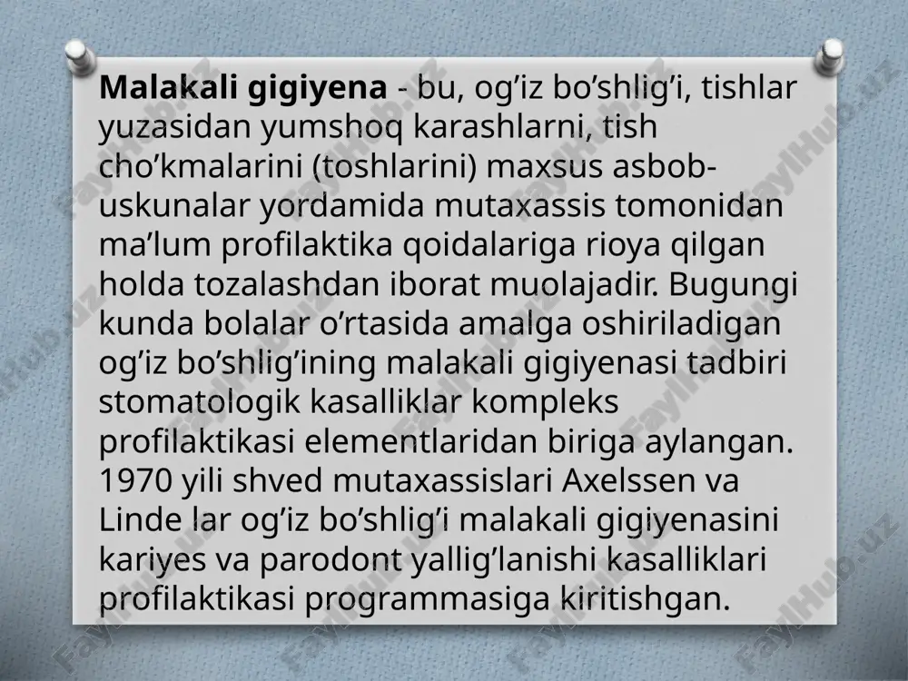oydalaniladi. ftoridlar konsentratsiyasi abraziv tozalovchi pastalarda 0,1% (0,22%-naf yoki 0,8%-na2r03 f-) ni tashqil yetadi. 3. tishlarning chaynov yuzasidan karashlar aylanuvchi maxsus cho’tkalar yordamida, silliq yuzalardan esa-yumshoq rezina qalpoqchalar yordamida abraziv pasta bilan tozalanadi. bunda abraziv pasta tutgan cho’tka va rezina qalpokchalar aylanish tezligi 5000 ayl/sek tashqil etishi kerak. tishlarning kontakt (aproksimal) yuzalariflosslaryordamidatozalanishilozim: 4.tishlar yuzasi karashlardan tozalanib bo’lgandan so’ng tish tozaligi darajasini nazorat qilish kerak bo’ladi. mustaqil nazorat uchun bolalarga uyda tishlar karashini buyovchi tabletkalar (eritrozin) tavsiya qilinadi nexo dasturiga binoan malakali gigiyenalar o’rtasidagi muddat quyidagi faktorlar bilan bog’liq bo’ladi: 1. bolalar va ota-onalarning dasturga qiziqishi; 2. bolalar tishlarining kariyes bilan zararlanish darajasi; 3. doimiy tishlarning chiqish darajasi (asosan birinchi va ikkinchi doimiy molyar tishlar); 4. doimiy molyar tishlarning chaynov yuzalarida kariyes belgisining mavjudligi. kariyes diagnostikasi darajasi tozalangan tishlarda ancha yuqori bo’lishini inobatga olib, og’iz bo’shlig’i malakali gigiyenasini profilaktik ko’rik paytida amalga oshirish maqsadga muvofiqdir. malakali gigiyenadan so’ng uning samaradorligini og’iz …