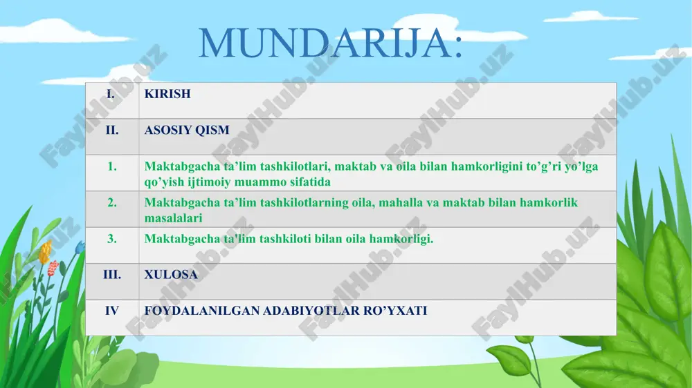 uchun zarur bo'lgan yordamni hisobga olgan holda o'quvchilarning yutuqlari va muvaffaqiyatlarining oshishini tan olishadi. kurs ishining dolzarbligi: kurs ishining vazifalari kurs ishining tuzilishi: kirish, 3 ta reja, xulosa, foydalanilgan adabiyotlar ro`yxati va ilovalardan iborat. kurs ishining metodlari: kuzatish, eksperiment, suhbat va anketa metodlaridan foydalanish. kurs ishining amaliy ahamiyati: mazkur kurs ishini tahlil qilish jarayonida ilmiy bilishning mantiqiylik, tarixiylik, izchillik va obyektivlik usullaridan keng foydalanildi. maktabgacha ta’lim muassasalari va ota-onalar o’rtasidagi o’zoro munosabatlarnining o’ziga xos falsafiy fikrlari haqida tahlil olib borildi. o’zbekiston respublikasi prezidenti sh.m. mirziyoyevning tarixi va ma’naviy merosini o’rganishga oid bergan uslubiy ko’rsatmalari hamda, “maktabgacha yoshdagi bolalar ta`lim-tarbiyasiga qo`yiladigan davlat talablari tadqiqotning nazariy-uslubiy asosi bo’lib xizmat qiladi. kurs ishining maqsadi: maktabgacha ta'lim tashkilotlari va oila hamkorligini o’rganib, tahlik qilish maktabgacha ta’lim tashkilotlari, maktab va oila bilan hamkorligini to’g’ri yo’lga qo’yish ijtimoiy muammo ekanligini asoslash; maktabgacha ta’lim tashkilotlarning oila, mahalla va maktab bilan hamkorlik masalalarini o’rganib, tahlil qilish maktabgacha ta’lim …