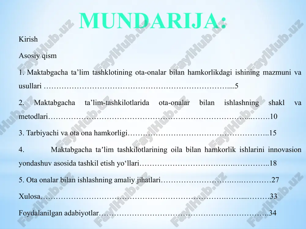 qqoslash va natijalarni tahlil qilish. kurs ishi. kurs ishi kirish. asosiy qism, foydalanilgan adabiyotdan iborat. kurs ishining vazifalari: 1. maktabgacha taʼlim muassasalarida ota-onalar bilan ishlash shakl va usullarini o‘rganish. 2. ota-onalarning pedagogik madaniyatini oshirish yo‘llarini aniqlash. 3. taʼlim-tarbiya jarayonida oilaning ishtirokini faollashtirish mexanizmlarini ishlab chiqish. 4. pedagoglar va ota-onalar o‘rtasida doimiy aloqani yo‘lga qo‘yish usullarini aniqlash. maktabgacha ta’lim tashklotining ota-onalar bilan hamkorlikdagi ishining mazmuni va usullari ma’lumki, insonni voyaga yetishida uchta omil: nasl, oila, muhit muhim o’rin tutadi. bu omillarni bir-biridan ajratib bo’lmaydi. barkamol shaxsni tarbiyalashda ana shu uch omil o’rtasidagi hamkorlikni mustahkamlashga e’tibor qaratilishi lozim. bu masalada uzluksiz ta’limning bosh bo’g’ini hisoblangan maktabgacha ta’lim tashkilotlarining o’z o’rni mavjud. maktabgacha ta’lim tashkilotlarida muvaffaqiyatli faoliyat olib borishda mahoratli pedagog bolalar va ularning xatti-harakati yuzasidan oilalar bilan samimiy aloqada bo’lishi nihoyatda muhim. maktabgacha ta’lim tashkiloti va oila bir-biri bilan mustahkam bog’liq hamda ular o’rtasida aloqa qanchalik yaxshi yo’lga qo’yilsa, bola shuncha ko’p …