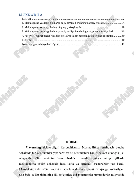 yetishi oson bo‘ladi. bola bor bilim, malaka, ko‘nikmani kattalan nutqidan oladi va ularga taqlid asosida nutqi shakillanadi. bu esa biz ya’ni bolalarni atrofini o‘rab turgan barcha yaqinlariga chuqur mas’uliyat yuklaydi. yuqoridagilardan ko‘rinib, bilinib turibdiki mavzu nihoyatda dolzarb unga yechim izlash esa bolalar kelajagi va ularni rivojlanishida muhim omil bo‘lib hizmat qiladi. ishning o‘rganilganlik darajasi: ushbu mavzuni atroflicha yurtimizdagi bir guruh pedagoglar tomonidan o‘rganilgani bizga ma’lum. ushbu sohani rivojlantirishda v.s.muxina, o.i.soloveve, l.b.federenka, r.m.qodirova, g.x.jumayeva, o‘.go‘zlboyeva, f.r.qodirova va boshqalar ilmiy tadqiqot olib borishgan. kurs ishining maqsadi: maktabgacha yoshdagi bolalarga aqliy tarbiya berish haqidagi fikr-mulohazalarini o‘rganish va uni amaliyotda qo‘llash. kurs ishining vazifalari: · aqliy tarbiya haqida umumiy tushuncha olish va tahlil qilish. · maktabgacha yoshdagi bolalarning aqliy rivojlanishini tahlil qilish va umumlashtirish. · maktabgacha yoshidagi bolalarga ta'lim berishning o’ziga hos jihatlarini o’rganish. kusr ishining obyekti. kurs ishining obyekti maktabgacha yoshdagi bolalarga aqliy tarbiya berish jarayoni. kusr ishining predmeti. kurs ishining ishining predmeti …