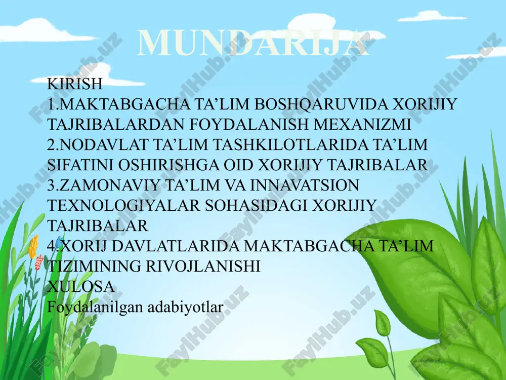 shkilotida xorijiy tajribalarni qo‘llash. kurs ishining predmeti: maktabgacha ta‘lim va tarbiyaning xorij davlatlardagi ilg‘or tajribalari qiyosiy tahlil asosida o’rganilgan. asosan rivojlangan g’arb va sharq mamlakatlaridagi maktabgacha ta‘lim shakllari va sharoitlari haqida ma‘lumotlar keltirilgan. hamda mamlakatimizda maktabgacha ta‘lim va tarbiya sohasida amalga oshirilayotgan islohotlar mazmuni va uning natijaviyligiga doir fikrlar yoritilgan. maktabgacha ta‘lim va tarbiya tizimini isloh qilishni prezidentimiz sh.m.mirziyoyev ―yangi o’zbekiston strategiyasi kitobida ―inson kapitali tushunchasi bilan bog’laydi. ya‘ni ―rivojlangan mamlakatlarda ta‘limning to’liq sikliga investitsiya kiritishga, ya‘ni, bola 3 yoshdan 22 yoshgacha bo’lgan davrda uning tarbiyasiga sarmoya sarflashga katta e‘tibor beriladi. chunki ana shu sarmoya jamiyatga 15-17 barobar miqdorda foyda keltiradi. bizda esa bu ko’rsatkich atigi 4 barobarni tashkil etadi. binobarin, inson kapitaliga e‘tiborni kuchaytirishimiz, buning uchun barcha imkoniyatlarni safarbar etishimiz shart deb, yozadi davlatimiz rahbari. demak, maktabgacha ta‘lim tizimini rivojlantirishda prezidentimiz asarlari va ma‘ruzalari hamda farmonlari va qarorlarida belgilangan vazifalar metodologik asos sifatida xizmat qiladi. maktabgacha ta‘lim va tarbiya …