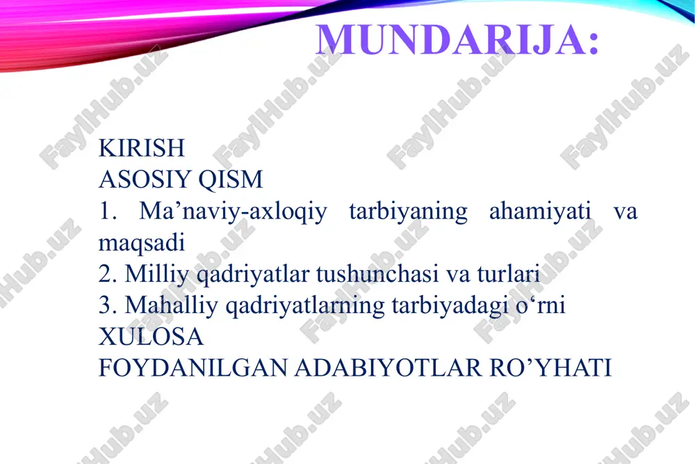 qiy tarbiyasi bilan bog‘liq fikr va qarashlarni aniqlash uchun so‘rovnoma o‘tkazish; tajriba-sinov ishlari – milliy qadriyatlarga asoslangan tarbiya usullarining samaradorligini tekshirish; taqqoslash va umumlashtirish – olingan ma’lumotlarni solishtirib, umumiy xulosalar chiqarish. kurs ishining tuzilisi. kirish, asosiy qism, 3 ta reja, xulosa, foydalangan adabiyotlar ro`yxati va ilovalardan iborat. 1. ma’naviy-axloqiy tarbiyaning ahamiyati va maqsadi ma’naviy va axloqiy tarbiya — bu insonning ichki dunyosini, ruhiyatini, iymon-e’tiqodini, odob-axloqini, jamiyatdagi odat va qadriyatlarga hurmatini shakllantirish va rivojlantirish jarayonidir. bu tarbiya turi insonni yuksak insoniy fazilatlar egasi qilib tarbiyalashga qaratilgan bo‘lib, uni jamiyatga, oilaga, atrof-muhitga mehr-oqibatli, vijdonli va halol inson bo‘lib kamol topishiga yordam beradi. bu shaxsning ichki dunyosini, ongini, e’tiqodini, qadriyatlarini va ma’naviy fazilatlarini shakllantirish jarayonidir. bu tarbiya turi insonni jamiyatdagi axloqiy normalar, qadriyatlar, an’ana va urf-odatlarga hurmat ruhida tarbiyalashni o‘z ichiga oladi. ma'naviy tarbiya insonning maqsadga yo‘naltirilgan, komil inson bo‘lishiga xizmat qiladi. ma’naviy tarbiya — bu shaxsning ichki dunyosini, ongini, e’tiqodini, qadriyatlarini va …