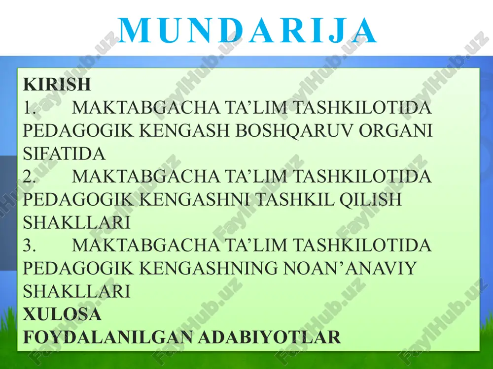 shqarishning yangi texnologiyasini ishlab chiqiladi mttda pedagogik kengashning noan’anaviy shaklda tashkil qilinadi kurs ishining tuzilishi: mazkur kurs ishi kirish, 3 ta reja, xulosa, foydalangan adabiyotlar ro’yxati va ilovalardan iborat. inson faoliyatining eng qadimiy turlaridan biri – bolalarni tarbiyalash o‘zining asrlar davomida rivojlanishi davomida sezilarli o‘zgarishlarni boshdan kechirdi, kundalik jarayondan ijodiy va amaliy izlanishlar natijalariga ilmiy asoslangan tizimli o‘zaro ta’sir majmuasiga aylandi. maktabgacha ta’lim tashkilotlarida 3 yoshdan 7 yoshgacha bo‘lgan bolalarga ta’lim- tarbiya berib kelinmoqda. ta’lim tarbiya jarayonini tashkillashtirish va bolalarning yosh xususiyatlarini inobatga olgan holda ularga bilim berish albatta mtt tarbiyachilari zimmasiga yuklatilgan. bu jarayonni nazorat qilish va tartibga solib turish maqsadida ta’lim tashkilotida pedagogik kengash o‘z faoliyatini olib boradi. pedagogik kengash mtt ning boshqaruv organi hisoblanib, tashkilotning ish rejasi va pedagogik yuklamasini belgilaydi, mttning ta’lim tarbiya jarayonini takomillashtirish masalalarini ko‘rib chiqadi va ta’lim dasturlarini amalga oshirish natijalarini baholaydi. bundan tashqari, pedagog xodimlarning malakasini oshirish, ularning ijodiy tashabbuskorligini rivojlantirish, ilg‘or …