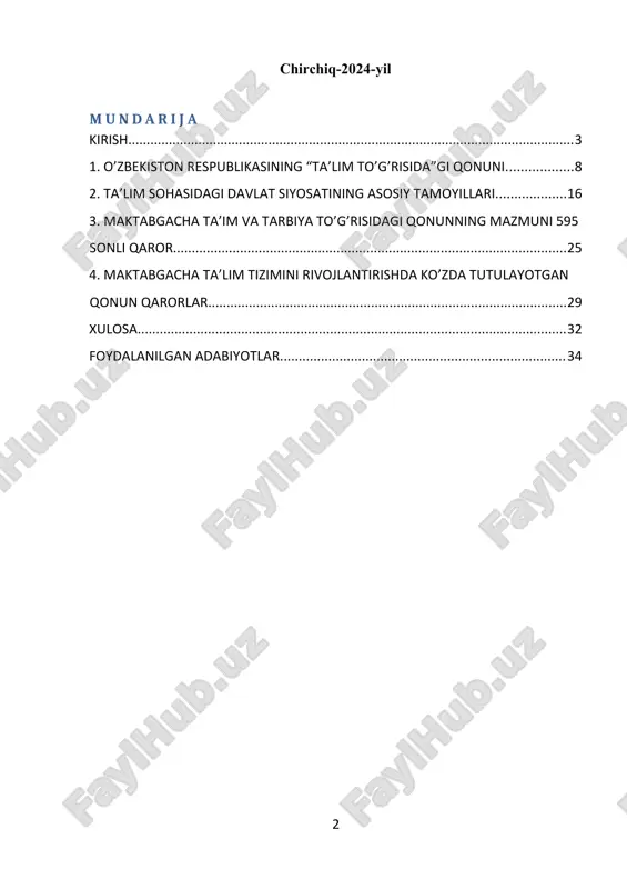 mga ta’lim olish uchun teng huquqlar kafolatlanadi. ta’lim turlari quyidagilardan iborat: · maktabgacha ta’lim va tarbiya; · umumiy o‘rta va o‘rta maxsus ta’lim; · professional ta’lim; · oliy ta’lim; · oliy ta’limdan keyingi ta’lim; · kadrlarni qayta tayyorlash va ularning malakasini oshirish; · maktabdan tashqari ta’lim. maktabgacha ta`lim va tarbiya bolalarni o`qitish va tarbiyalashga, ularni intellektual, ma`naviy-axloqiy, etik, estetik va jismoniy jihatdan rivojlantirishga, shuningdek bolalarni umumiy o`rta ta`limga tayyorlashga qaratilgan ta`lim turidir. umumiy o`rta va o`rta maxsus ta`lim umumta`lim o`quv dasturlarini, zarur bilim, malaka hamda ko`nikmalarni o`zlashtirishga qaratilgan. umumiy o‘rta ta’lim i–xi sinflarni o‘z ichiga oladi. o‘rta maxsus ta’lim akademik litseylarda 9 yillik tayanch o‘rta ta’lim asosida 2 yil mobaynida amalga oshiriladi va ta`lim oluvchilarning intellectual qobiliyatlarining jadal rivojlanishini, shuningdek chuqur, tabaqalashtirilgan, kasbhunarga va shaxsga yo`naltirilgan ta`lim olishni ta`minlaydi. professional ta’lim boshlang‘ich professional ta`lim, o‘rta professional ta`lim va o‘rta maxsus professional ta’lim darajalariga ajratiladi. boshlang‘ich professional ta’lim kasb-hunar maktablarida ix …