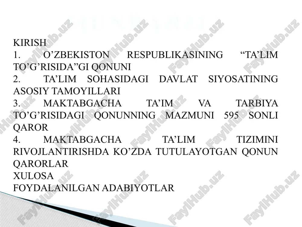 t’iy nazar, har kimga ta’lim olish uchun teng huquqlar kafolatlanadi. kurs ishining maqsadi: bola rivojlanishining asosiy omillari maktabgacha yoshdagi bolalarni aqliy jihatdan tarbiyalashini o’rganish. kurs ishining vazifalari: yuqoridagi maqsaddan kelib chiqib quyidagi vazifalar belgilandi bola rivojlanishini ilmiy pedagogik jihatlarini o’rganish; maktabgacha yoshdagi bolalarda rivojlanish shakllantirishning mazmunini yoritib berish; maktabgacha yoshdagi bolalarni rivojlantirish yo’llarini o’rganish; kurs ishining obyekti: maktabgacha ta’lim tashkiloti tarbiyalanuvchilari. kurs ishinng predmeti: maktabgacha yoshdagi bolalarni aqliy jihatdan tarbiyalashi bilan tanishish jarayoni kurs ishining metodlari: tanlangan muammoga oid ilmiy-metodik manbalarni tahlil qilish, o`rganish va umumlashtirish. kurs ishining ahamiyati: maktabgacha yoshdagi bolalarni rivojlantirishda aqliy jihatdan tarbiyalashi bilan tanishish uchun zarur bo’lgan adabiyotlarni o’rganish jarayonini tashkil etishga bag’ishlangan. kurs ishining tuzulishi: kirish, 4 ta reja xulosa, foydalanilgan adabiyotlar ro’yxati va ilovalardan iborat. ta`lim turlari: maktabdan tashqari ta’lim. oliy ta’lim professional ta’lim maktabgacha ta’lim va tarbiya kadrlarni qayta tayyorlash va ularning malakasini oshirish; oliy ta’limdan keyingi ta’lim; umumiy o‘rta va o‘rta maxsus …