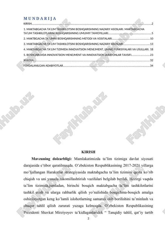 ynida sog’lom va har tomonlama rivojlangan o’sib kelayotgan avlodning shakllanishini ta’minlashga qaratilgan samarali maktabgacha ta’lim tizimini tashkil qilish bo’yicha kompleks tashkiliy- huquqiy chora-tadbirlar amalga oshirildi. maktabgacha ta’limni boshqarishning zamonaviy mexanizmlarini joriy etish, tarbiya va o’quv jarayonini takomillashtirish, maktabgacha ta’lim tashkilotlarini yuqori malakali mutaxasisslar bilan to’ldirish, ularning infratuzilmasi va moddiy-texnik jihozlanishini yaxshilash maqsadida qator vazifalar amalga oshirilmoqda. hozirgi kunda nodavlat maktabgacha ta’lim tashkilotlariga talab juda katta bo’lib bormoqda. shuning uchun ham nodavlat maktabgacha ta’lim tashkilotlarini ko’paytirish, oilaviy bog’chalar ochish, ularning boshqaruvdagi murakkab jarayonlar kelib chiqmoqda. shuning uchun ham muhtaram yurtboshimiz bu borada bir nechta qarorlarni qabul qildilar. zero bizning yurtimizda ham nodavlat maktabgacha ta’lim tashkilotlari rivojiga hissa qo’shishi uchun xizmat qilmoqda. davlat talablari vazifalari etib quyidagilar hisoblanadi: bolalarni maktabda o‘qishga tayyorlash; bolalarning sog‘lom va har tomonlama kamol topib shakllanishini ta’minlash hamda unda o‘qishga intilish hissini uyg‘otish; bolalarning har tomonlama rivojlanishi uchun integral ta’limni tashkil etish; shaxsga yo‘naltirilgan ta’lim-tarbiyani amalga oshirish; bolalarni …