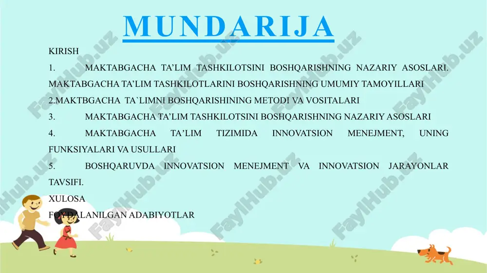 tizimini nazariy va amaliy asoslarini o‘rganish; maktabgacha ta’lim tashkilotlarini boshqarishning umumiy tamoyillari. maktbgacha ta`limni boshqarishining metodi va vositalari. maktabgacha ta’lim tashkilotsini boshqarishning nazariy asoslari. maktabgacha ta`lim tashkilotlari va ularda bola tarbiyasining maqsad va vazifalari. maktabgacha ta`lim tashkilotlaridagi pedagogik kasb xodimlarining shaxsiy xislatlari. maktabgacha ta`lim tashkilotlari bilan ota-onalar hamkorligi. kurs ishi metodi: kuzatish, suhbat, pedagogik tajriba, o’yin. kurs ishi tuzilishi: kirish, 5 ta reja, xulosa, foydalangan adabiyotlar ro`yxati ilovalardan iborat. 3 maktabgacha ta`lim tashkilotsini tashkil etish tartibi, faoliyatini tashkil etish va butlash, hamda maktabgacha ta`lim tashkilotsining mol-mulki va pul mablag’lari, javobgarligi, boshqaruvi va ta`lim jarayoni qatnashchilari to’g’risidagi kerakli ma`lumotlarni “o’zbekiston respublikasida davlat maktabgacha ta`lim tashkilotsi to’g’risida nizom” dan olishinigiz mumkin. boshqaruv tamoyillari: muammolarni yechishga ijodiy yo‘nalish. sifat natijalariga erishish uchun muntazam rejalashtirish. holatga mos ravishda boshqaruv turi (holatga va qo‘l ostidagilarga moslashish qobiliyati). g‘oyalarga bir xil munosabat va bir-birini yaxshi tushunish. barcha a’zolarning hamkorligi va komunikabilligi. buyurtmachiga yunaltirilganlik. ijobiy fikrlash, qo‘lay …
