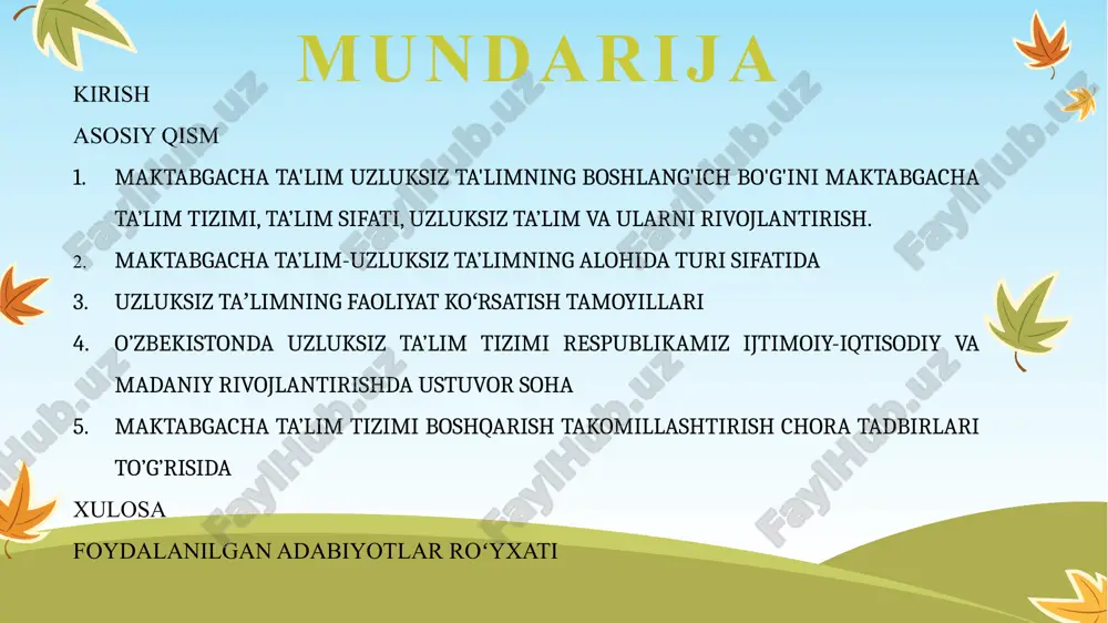 tashkilotlari, mahalla, xalqaro fondlar faol ishtirok etadilar. o‘zbekistonda maktabgacha ta’lim davlat tilida hamda qoraqalpoq, rus, tojik, qirg‘iz, qozoq va turkman tillarida olib boriladi. kurs ishining maqsadi: maktabgacha ta'limni uzluksiz ta'limning alohida turi sifatida rivojlantirish. kurs ishining vazifasi: maktabgacha ta’lim tizimi, ta’lim sifati, uzluksiz ta’lim haqida umumiy tushuncha berish. kurs ishining amaliy ahamiyati: ushbu kurs ishining ahamiyati maktabgacha ta’lim tizimi uzluksiz ta’lim tizimining ajralmas bo’lagi ekanligini takidlashdir. kurs ishining tuzilishi: kirish, 5 paragraf, xulosa, foydalanilgan adabiyotlar ro’yxatidan iborat bo’lib jami 35 sahifani tashkil etadi. 3 1. maktabgacha ta'lim uzluksiz ta'limning boshlang'ich bo'g'ini maktabgacha ta’lim tizimi, ta’lim sifati, uzluksiz ta’lim va ularni rivojlantirish. 4 maktabgacha ta’lim tizimi uzluksiz ta’lim tizimining boshlang’ich, eng asosiy bo’g’ini hisoblanadi. mutaxassislar va o’qituvchilarning ilmiy xulosalariga ko’ra, inson barcha ma’lumotlar va ma’lumotlarning 70 foizini besh yoshga to’lgunga qadar oladi. mana shu faktning o’zi, bolalarimizning barkamol shaxs sifatida shakllanishi uchun maktabgacha ta’lim tashkilotidagi tarbiya va ta’lim qanchalik muhimligini yaqqol …