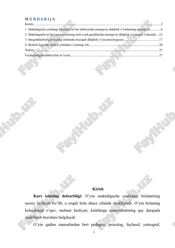 ehnatiga taqlid qiladi, keyinchalik ularning mehnatida qatnashadi. o’yin yosh avlodni mehnatga tayyorlaydi. bolalar o’yinini bunday tushunish birinchi marta k. d. ushinskiy tomonidan ta’riflab berilgan yedi. u o’z asarlarida bolalar o’yinining mazmuni ularning hayotdan olgan taassurotlari bilan belgilanib, ular shaxsining shakllanishiga ta’sir yetadi, deb yozadi. bu fikrni p. f.lesgaft ham tasdiqlab, bolalar o’z o’yinlarida tevarak-atrofdan olgan taassurotlarini aks yettiradilar, deydi. bunday faoliyat bolaning rivojlanishida katta ahamiyatga yegadir. shunday qilib, o’yinning ijtimoiy voqea yekanligini, o’yinda tevarak-atrofdagi borliq aks yettirilishini ilgor olim va pedagoglar o’zlarining kuzatish va ilmiy tadqiqotlari orqali isbotlab berdilar. tarbiyachilar bolalar o’yiniga rahbarlik qilishda quyidagilarga rioya qilishlari lozim: o’yin bilan mehnat o’rtasida to’gri munosabat o’rnatish; o’yinda bolalarning bo’lajak mehnat ahliga xos bo’lgan jismoniy va ruhiy sifatlarini tarbiyalash. demak, ijtimoiy hayot o’zgarishi bilan uning mazmuni ham o’zgaradi; o’yin ma’lum maqsadga yo’naltirilgan ongli faoliyat bo’lib, uning mehnat bilan ko’p umumiyligi bor va yoshlarni mehnatga tayyorlashga xizmat qiladi. o’yin faoliyati asosida boladagi o’quv …
