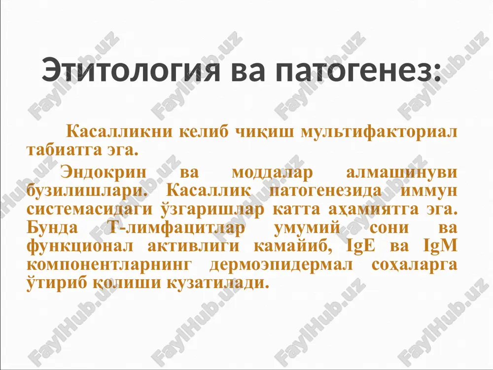 ivdagi, ba'zan qiynovchi teri qichishi kuzatiladi. toshmalar regressiyaga uchraganda o'rnida disxromiya kuzatiladi klinik formalari: 1. vulgar 2. bullyoz 3. halqasimon 4. gipertrofik so'galsimon 5. atrofik 6. eroziv – yarali 7. pigmentli 8. chiziqli 9. psoriazga o'xshash vulgar qizil yassi temiratki vulgar qizil yassi temiratki vulgar qizil yassi temiratki vulgar vulgar qizil yassi temiratki vulgar vulgar bullyoz bullyoz – teri va shilliq pardalarda tipik papulalar bilan birga yoki papulalar yuzasida seroz – gemorragik ekssudat saqlovchi pufakchalar paydo bo'lishi bilan xarakterlanadi. halqasimon markazi atrofiyalangan halqa ko'rinishdagi guruhlashgan papulalar paydo bo'ladi. halqasimon halqasimon gipertrofik so'galsimon gipertrofik so'galsimon ko'proq pastki muchalarda joylashadi. zich so'galsimon pilakcha paydo bo'lib rangi ko'kimtir – qizil yoki qo'ng'ir rangda bo'ladi. bu turi tugunchalar giperplaziyasi natijasida vujudga keladi. gipertrofik so'galsimon atrofik atrofik qizil yassi temiratkining tipik o'choqlari bilan birga atrofik o'zgarishlar bilan namoyon bo'ladi. eroziv – yarali eroziv – yarali : og'iz shilliq pardalari va genital sohalarda og'riqli eroziya va …