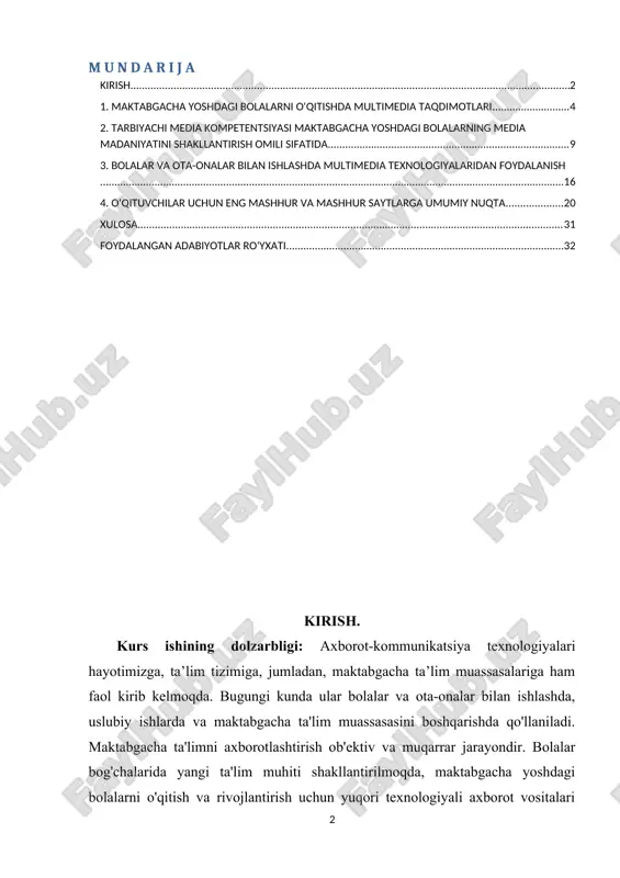 munikatsiya texnologiyalarini joriy etish imkoniyatlarini ilmiy asoslashga harakat qilinmoqda. pedagog va maktabgacha ta’lim muassasalari mutaxassislarining ushbu texnologiyalarga qiziqishi ortib bormoqda va ulardan o‘z kasbiy faoliyatida foydalanish imkoniyatlari kengaymoqda. zamonaviy bola tug'ilgandan boshlab boy media muhiti bilan o'ralgan. elektron o'yinchoqlar, o'yin pristavkalari, kompyuterlar maktabgacha yoshdagi bolalarning bo'sh vaqtlarida tobora ortib borayotgan o'rinni egallab, ularning psixofizik fazilatlarini shakllantirish va shaxsiyat rivojlanishida ma'lum iz qoldirmoqda. yana k.d. ushinskiy ta'kidladi: "bolalar tabiati ko'rinishni talab qiladi." endi bular endi diagrammalar, jadvallar va rasmlar emas, balki ilmiy va ma'rifiy bo'lsa ham, bolalar tabiatiga yaqinroq bo'lgan o'yin. zamonaviy kompyuter texnologiyalari o'quv jarayonini rivojlantirish uchun katta imkoniyatlar yaratadi. kurs ishining maqsadi: maktabgacha ta'lim tashkilotlarida multimediadan foydalanish metodikasi va texnologiyasini organish va ochib berish. kurs ishining obyekti: maktabgacha talim tashkilotlari kurs ishining metodlari: kuzatish, eksperiment, suhbat va anketa metodlaridan foydalanish. kurs ishining tuzulishi: kirish, 4 ta reja, xulosa, foydalanilgan adabiyotlar ro`yxati va ilovalardan iborat. 1. maktabgacha yoshdagi bolalarni o'qitishda …