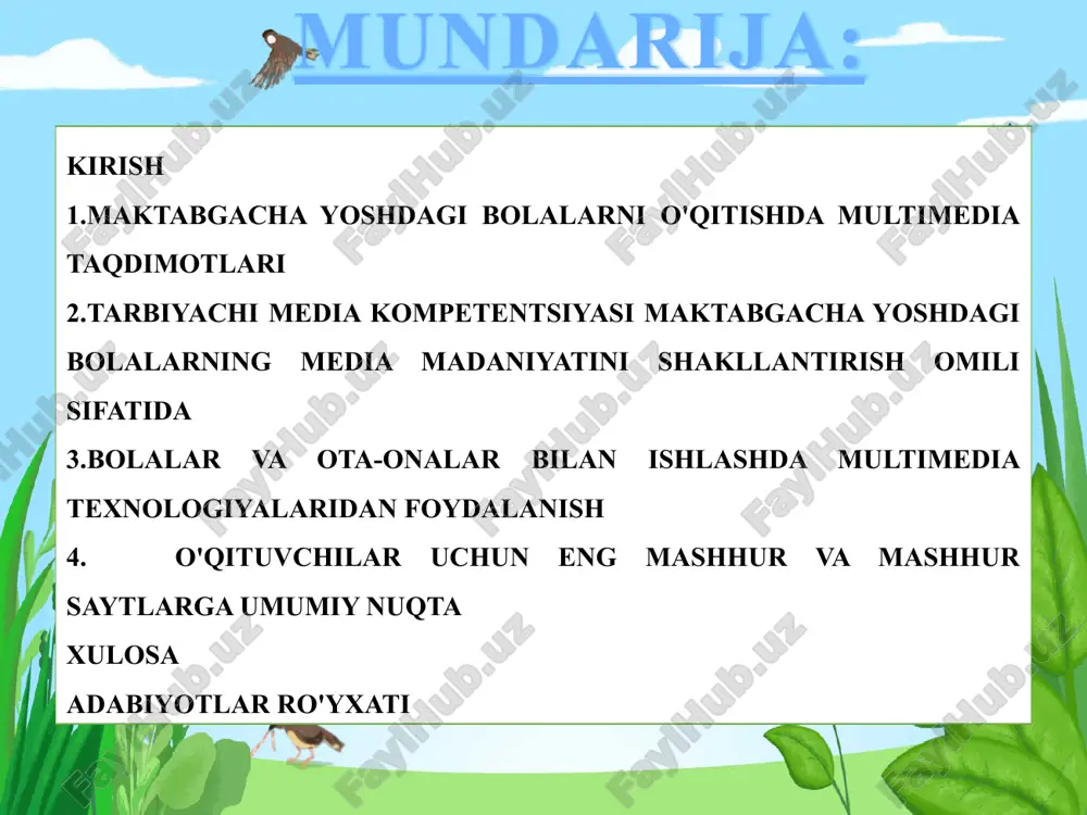 foydalanish metodikasi va texnologiyasini organish va ochib berish. kurs ishining obyekti: maktabgacha talim tashkilotlari kurs ishining metodlari: kuzatish, eksperiment, suhbat va anketa metodlaridan foydalanish. kurs ishining tuzulishi: kirish, 4 ta reja, xulosa, foydalanilgan adabiyotlar ro`yxati va ilovalardan iborat. jamiyat va ishlab chiqarishning zamonaviy taraqqiyotini axborot-kommunikatsiya texnologiyalarisiz tasavvur etib bo‘lmasa kerak. hech shubha yo'qki, har bir o'qimishli odam kompyuterga ega bo'lishi kerak. kompyuter bolamizning hayotiga tezda kirib bormoqda. deyarli barcha ota-onalar chaqaloqni rivojlantiradigan va o'rgatadigan kompyuter dasturlarini o'zlashtiradilar. avval klaviaturada baraban chalishni yaxshi ko'radigan, lekin sichqonchani qanday ishlatishni hali bilmagan bolalar uchun yoqimli "klaviatura barabanlari", keyin esa - juda ko'p turli xil kompyuter o'yinlari mavjud. kompyuter chaqaloqni o'rganish va o'z-o'zini rivojlantirish uchun kuchli vositadir! kompyuterning bir vaqtning o'zida matn, grafik, ovoz, nutq, video ko'rinishidagi ma'lumotlarni takrorlash, ma'lumotlarni eslab qolish va katta tezlikda qayta ishlash qobiliyati mutaxassislarga bolalar uchun multimedia taqdimotlari, elektron bolalar kitoblari va ensiklopediyalarni yaratish imkonini beradi. maktabgacha yoshdagi bolalarni …