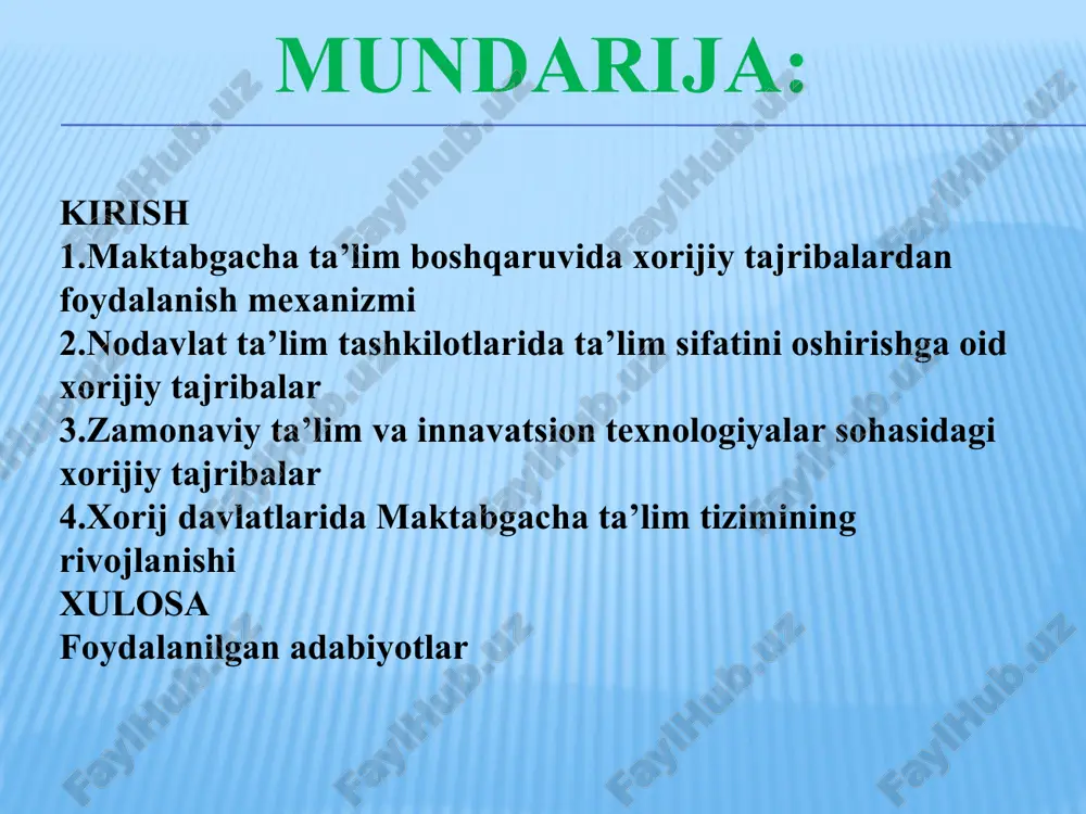 ribalarni qo‘llash. so’ngi yillarda rivojlanayotgan xorij tajribalarida zamonaviy texnologiya va innavatsion metodlarni qo‘llashdan iborat. maktabgacha ta’lim tashkilotida tarbiya bilan birgalikda jismoniy rivojlanishga katta e‘tibor beriladi. bolaning qiziqishlari inobatga olinib, uning iqtidorini namoyish qilishga harakat qilinadi. kurs ishining vazifalari: so‘ngi yillardagi zamonaviy xorij tajribalari bilan tanishtirish; chet davlatlardagi tajribalarni qo‘llashdagi metod va usullar; xorij davlatlarida maktabgacha ta’lim tashkilotlarining rivojlanishi va malaka almashunuvi. kurs ishining obyekti: ta’lim tarbiya jarayoning maktabgacha ta’lim tashkilotida xorijiy tajribalarni qo‘llash. kurs ishining predmeti: maktabgacha ta‘lim va tarbiyaning xorij davlatlardagi ilg‘or tajribalari qiyosiy tahlil asosida o’rganilgan. asosan rivojlangan g’arb va sharq mamlakatlaridagi maktabgacha ta‘lim shakllari va sharoitlari haqida ma‘lumotlar keltirilgan. hamda mamlakatimizda maktabgacha ta‘lim va tarbiya sohasida amalga oshirilayotgan islohotlar mazmuni va uning natijaviyligiga doir fikrlar yoritilgan. maktabgacha ta‘lim va tarbiyaga oid xorijiy tajribalarni o’rganish yuzasidan olib borilayotgan tadqiqotlarga alohida e‘tibor qaratilgan. kurs ishining tuzilishi va hajmi: kurs ishi kirish, 4 ta reja, xulosa, foydalanilgan adabiyotlar roʼyxati va …