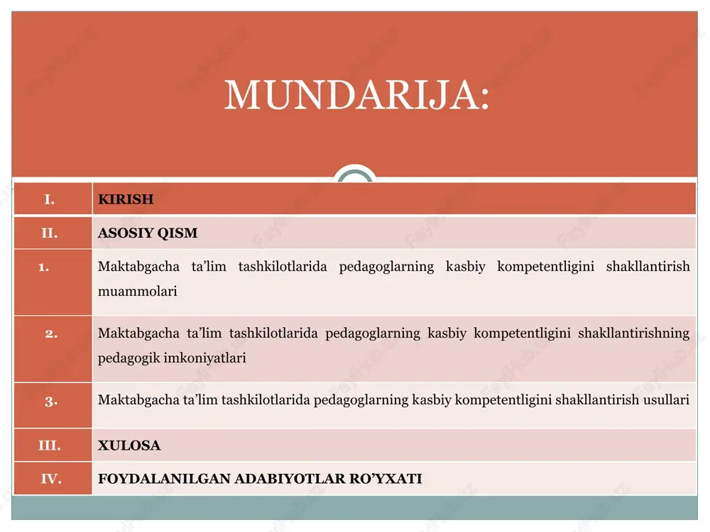 ‘lim, xulosa va tavsiyalar, foydalanilgan adabiyotlar ro‘yxati hamda ilovadan iboratdir kurs ishining maqsadi: maktabgacha ta’lim tashkilotlarida pedagoglarning kasbiy kompetentligini shakllantirish texnologiyalarini o’rganish kurs ishining vazifalari: 1. maktabgacha ta'lim tashkilotlarida pedagoglarning kasbiy kompetentligini shakllantirish texnologiyalarini taxlil qilish. 2. maktabgacha ta'lim tashkilotlarida pedagoglarning kasbiy kompetentligini shakllantirish texnologiyalarini aniqlash. 3. maktabgacha ta'lim tashkilotlarida pedagoglarning kasbiy kompetentligini shakllantirish texnologiyalarini o’rganish. 4. maktabgacha ta'lim tashkilotlarida pedagoglarning kasbiy kompetentligini shakllantirish texnologiyalari bo’yicha ilmiy-metodik tavsiyalar ishlab chiqish. maktabgacha ta’lim tashkilotlarida pedagoglarning kasbiy kompetentligini shakllantirish muammolari xxi asr fan-texnika, axborotlashtirish asri bo‘lishligi bilan bugungi jadallashib borayotgan ilm-fan yutuqlari kechagi oldimizga qo‘yilgan rejalarning natijasi sifatida namoyon bo‘lmoqda. bugungi kunda butun dunyoda ro‘y berayotgan globallashuv sharoitida mamlakatimiz barqaror taraqqiy yetib borish uchun har tomonlama modernizasiyalashgan tizimli yondashuvni taqozo qilayotganligi munosabati bilan olib borilayotgan islohotlar samarasini yanada oshirish, davlat va jamiyatning har tomonlama va jadal rivojlanishi uchun shart-sharoitlar yaratish, mamlakatimizni modernizasiya qilish hamda hayotning barcha sohalarini liberallashtirish bo‘yicha ustuvor yo‘nalishlarni amalga …