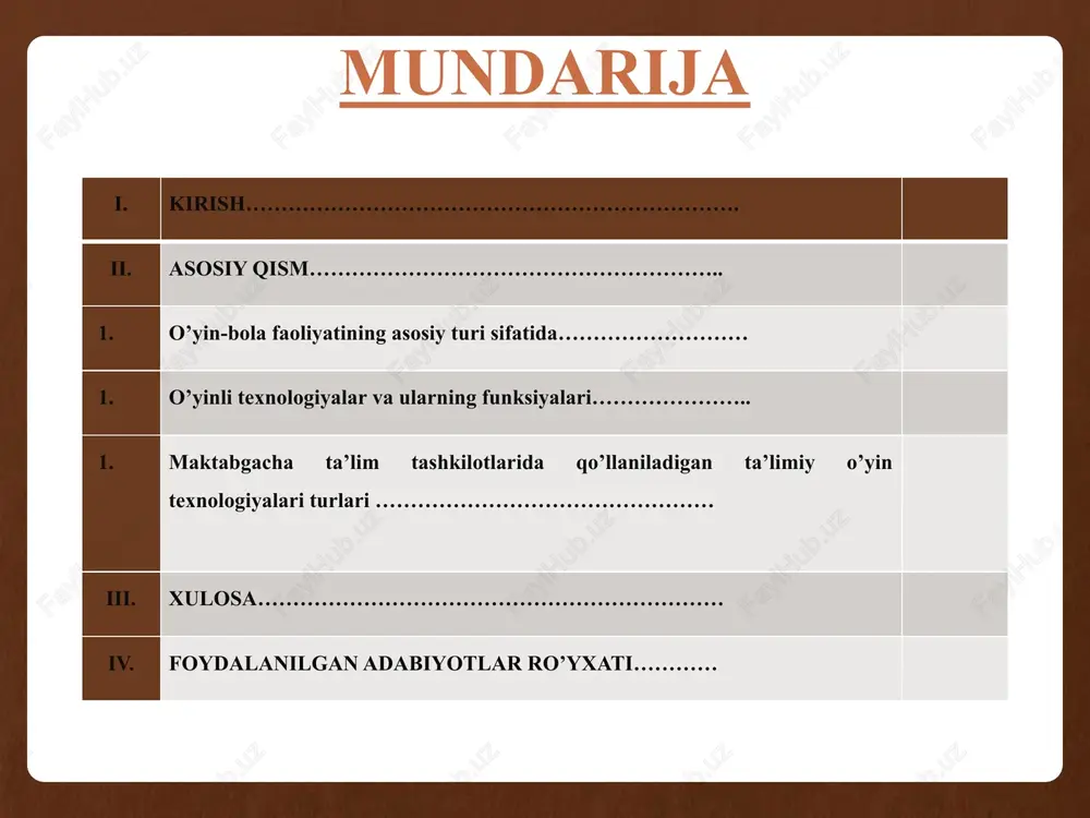 ing maqsadi: o’yinli texnologiyalarni orqali maktabgacha yoshdagi bolalar faoliyatini rivojlantirish kurs ishining vazifalari: 1. o'yin-bola faoliyatining asosiy turi ekanligini nazariy jihatdan asoslash. 2. o’yinli texnologiyalar va ularning funksiyalarini yoritish. 3. pedagogik o’yinlarni amalga oshirishning asosiy yo’nalishlarini asoslash kurs ishi predmeti: qoidali o‘yinlar bolalarga talim berish shakli o‘ziga xosligining mazmuni. kurs ishi metodlari: mavzuga doir ilmiy adabiyotlarni o’rganish, tahlil qilish, pedagogik kuzatish va suhbat. kurs ishining obyekti: maktabgacha ta’lim tashkilotlarida o’yin texnologiyalarini qo’llash jarayoni. kurs ishinng predmeti: maktabgacha ta’lim tashkilotlarida o’yin texnologiyalarini qo’llash shakllari, metodlari va vositalari. kurs ishining ahamiyati: o’yinli texnologiyalat maktabgacha ta’lim yo’nalishi talabalari va mtt tarbiyachilarining pedagogik mahoratlarini oshirishda manbaa bo’lib xizmat qiladi kurs ishining tuzilishi: kurs ishi kirish, 3 paragraf, xulosa, foydalanilgan adabiyotlar ro’yxati va ilovalardan iborat. shokirov ismoiljon o'yin-bola faoliyatining asosiy turi sifatida o'yin inson o'zligining namoyon bo'lishi, uning takomillashuv usulidir. o'yin kattalar hayotida muayyan o'rin tutar ekan, u bolalar uchun alohida ahamiyatga egadir. uni «bolalikning …