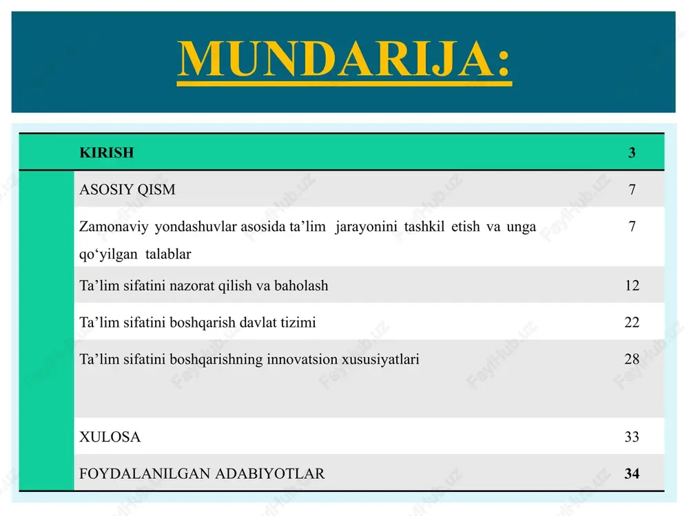 adi: maktabgacha ta’lim tashkilotlarida ta’lim sifatini boshqarish usullari bilan tanishish. ishning vazifasi: o’rganilayotgan mavzu mazmunini ochib beruvchi adabiyotlarni o’rganish. ta’lim sifati samaradorligini oshirish uchun boshqaruv usullaridan samarali foydalanish mohiyatini o’rganish. maktabgacha ta’lim sifatini amalga oshirish uchun zarur bo’lgan shart-sharoitlarni o’rganish. kurs ishining amaliy ahamiyati ta’lim tashkilotlar faoliyatini boshqarish mavzusiga oid adabiyotlarni o’rganish va tahlil qilish. kurs ishining tuzilishi. kirish, 4 ta reja, xulosa, tavsiyalar, glosariya, foydalanilgan adabiyotlar va ilovalardan iborat. zamonaviy yondashuvlar asosida ta’lim jarayonini tashkil etish va unga qo‘yilgan talablar o’zbekiston respublikasida kasb-hunar ta’limi, kadrlar tayyorlash milliy dasturiga muvofiq, raqobatbardosh kadrlarni mamlakatimizda va chet ellarda fan, texnika, texnologiya hamda iqtisodiyotning rivojlanishini hisobga olgan holda mutanosiblik tarzida kadrlarni tayyorlashni amalga oshiradi. raqobatbardosh mutaxassislarning yangi avlodi istiqbol masalalarni qo’yish va hal qilish qobiliyatiga, yuqori fikrlash madaniyati hamda ilmiy-texnikaviy va ijtimoiy-siyosiy axborot bobida mustaqil yo’nalish olish mahoratiga ega bo’lishi darkor. zamonaviy mutaxassis tabiiy-ilmiy va kasb-hunar bilimigagina emas, balki o’zining ma’naviyati va madaniyatini …