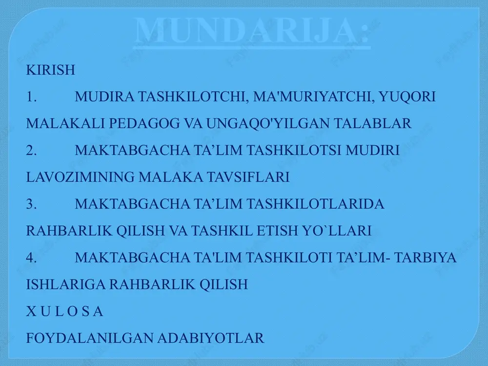 tarbiya yoshidagi bolalarni komil inson qilib tarbiyalash vazifalarini to’laqonli xal etishga qaratilgan. kurs ishining vazifasi: ta’lim jarayonlari va ularni amalga oshirish shartlarini ta’riflash va tushuntirish; kurs ishining tuzilishi: mazkur kurs ishi kirish, 4 ta reja, xulosa, foydalangan adabiyotlar ro`yxati va ilova qismlardan iborat. mudira tashkilotchi, ma'muriyatchi, yuqori malakali pedagog va ungaqo'yilgan talablar. shaxs tushunchasi psixologiya fanida markaziy o‘rinni egallaydi va asosiy psixologik talqinlar shaxs mavzusi atrofida amalga oshadi. shaxsning turli ta'riflari mavjud, lekin bu tushunchani to’laroq, aks ettiradigan quyidagisi o‘rinli: «shaxs bu - o‘zining bilimi, hissiyoti va munosabatlari orqali tashqi olamni o‘zgartira oluvchi sub'yekt, insondir». e'tibor berilsa, ushbu ta'rifda shaxsga xos uch jihat sanab o‘tiladi: bilish; 2. hissiyot; 3. munosabat. shu uch guruhga kiruvchi xislatlar yagona maqsadga, ya'ni tashqi olamni insonning o‘z ehtiyojiga binoan o‘zgartirishga qaratilgan. ishlab chiqarish sharoitida inson xulqini tushunish va uni boshqarish uchun shaxs tabiati xaqida ma'lum bir ma'lumotga ega bo‘lish kerak. tashkilotda shaxs o‘zgalar bilan munosabatga …
