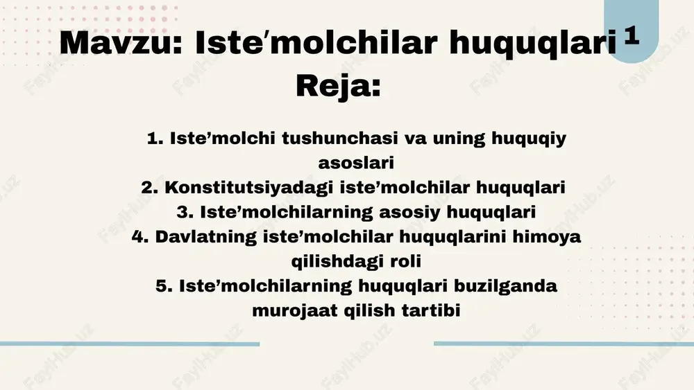 mamlakatimizda inson va uning huquqlari oliy qadriyat hisobla?ii.uli ana shu prinsipning amaliy ifodasi iste’molchining huquq?l.ui ustuvor bo'lishini taqozo etadi. shundan so‘ng iste’molchi huquqlarini himoya qilishga qa?i at ilgan qonunchilik takomillashtirildi, kuchaytirildi, iste’molchihuquqlarini himoya qiluvchi organlar tizimi takomillashdi, buborada jamoatchilik nazorati kuchaytirildi. 7 iste’molchiga o‘z hu?quqlaridan foydalanish, huquq buzilishlari sodir etilsa, uni tik?lash uchun zarur bilimlarni berish maqsadida huquqiy targ'ibotishlari olib borildi. jahon tajribasidan ma’lumki, iste’molchi hu?quqlari sog'lom raqobat bor joyda yaxshiroq, to'laroq ta’minla?nadi. raqobat esa munosabatlarning asosidir 9 sifatli va xavfsiz mahsulot olish huquqi toʻliq va ishonchli maʼlumot olish huquqi erkin tanlov qilish huquqi zararni qoplashni talab qilish huquqi huquqlar buzilganda daʼvo qilish huquqi isteʼmolchilarning asosiy huquqlari va ularning mazmuni 10 davlatning isteʼmolchilar huquqlarini himoya qilishdagi roli nazorat va monitoring organlari orqali sifatsiz mahsulotlarga qarshi kurashish. maxsus tashkilotlar va agentliklar orqali isteʼmolchilar manfaatini himoya qilish. sud organlari va ombudsman instituti orqali fuqarolarning huquqlarini kafolatlash. 11 huquqlar buzilganda murojaat qilish tartibi …