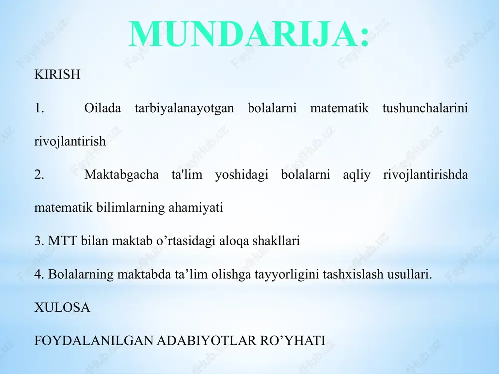orligi (tayyorlov guruhida) mavzusini adabiyotlar misolida tahlil qilib,yoritib berish. kurs ishining vazifalari: oilada tarbiyalanayotgan bolalarni matematik tushunchalarini rivojlantirish maktabgacha ta'lim yoshidagi bolalarni aqliy rivojlantirishda matematik bilimlarning mtt va maktab o’rtasidagi aloqa shakllari bolalarning maktabda ta’lim olishga tayyorligini tashxislash usullari kurs ishining obekti: maktabgacha ta’lim tashkilotida bolalarni maktab ta’limiga tayyorlash ishlari, oila, maktab bilan hamkorlik jarayonlari. kurs ishining predmeti: matematik tasavvurlarni rivojlantirish ishida bolalar bog'chasi, oila va maktab hamkorligi (tayyorlov guruhida) mavzusi yoritilgan barcha ilmiy manbalar kurs ishining hajmi: kurs ishi kirish, 4 reja, xulosa, foydalanilgan adabiyotlar ro’yxati va ilovalardan iborat. oilada tarbiyalanayotgan bolalarni matematik tushunchalarini rivojlantirish maktabgacha yoshdagi bolalar hayotini to‘g‘ri tashkil qilish ularning vaqtdan to‘g‘ri va unumli foydalanishi garovi ekanligini ota-onalar hamisha yodda tutishlari lozim. bola tarbiyasi masalalari bo‘yicha abu ali ibn sino “tadbir almanozil’ nomli asarini yozgan. unda olim ota-onaning bola tarbiyalashdagi vazifalarini yoritib, oiladagi munosabatlarga to‘xtalar ekan, ayniqsa, otaonalarning oilada mehnatsevarligi bilan farzandlarini ham kasb va hunarga …