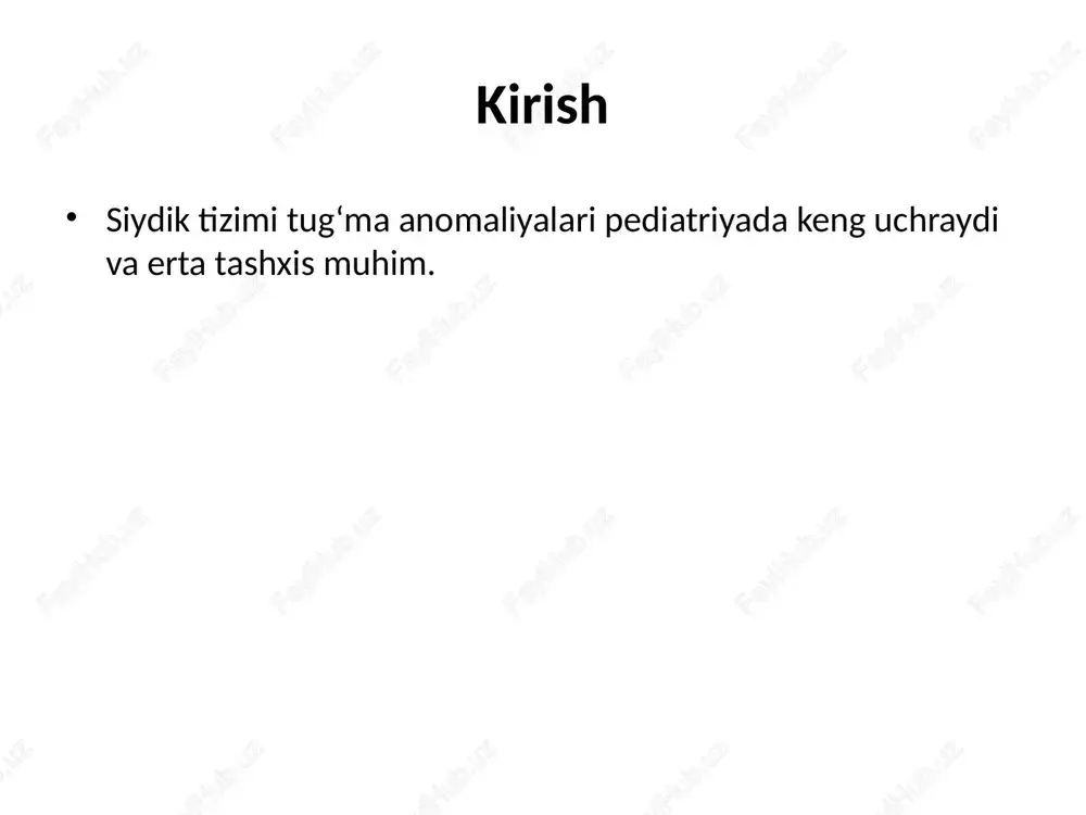 lishi, lekin tuzilishi saqlangan holat. ya’ni buyrak bor, lekin normal kattalikka yetmagan. turlari: 1. tug‘ma gipotrofiya (gipoplaziya) • rivojlanish vaqtida nefronlar soni kam bo‘ladi • ko‘pincha bolalarda uchraydi 2. orttirilgan gipotrofiya (atrofiyaga o‘xshash) • yillar davomida keladigan: • pielonefrit • arterial gipertenziya • siydik yo‘li obstruksiyasi • ishemik zararlanish sababli buyrak parenximasi ingichkalashadi klinik belgilari: • ko‘pincha simptomsiz • ba’zan: • bel og‘rig‘i • siydik infeksiyalari qaytalanishi • gipertenziya davolash: • infeksiyani oldini olish (profilaktika antibiotik) • qon bosimini nazorat qilish • og‘ir holatda → nefroektomiya ko‘rib chiqiladi gidronetroz siydik chiqishi buzilib jom kengayadi, buyrak parenximasi siqiladi. gidronetroz belgilari • bel og‘rishi • uzi da jom kengayishi • takroriy infeksiyalar asosiy jarrohlik usul: pyeloplastika (anderson–hynes) — ureteropelvik bo‘g‘im tor joyi kesilib kengaytiriladi. asoratlari: • surunkali pielonefrit • buyrak parenximasi atrofiyasi • arterial gipertenziya • surunkali buyrak yetishmovchiligi ureter anomaliyalari • ureteropelvik bo‘g‘im stenoz • duplikatsiya ureter • megaureter ureteropelvik bo‘g‘im …