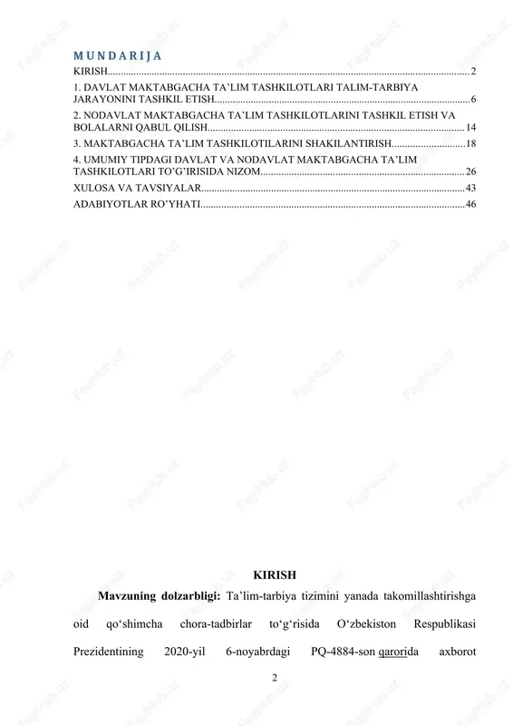 ktabgacha ta’lim sohasida axborot boshqaruv tizimini boshqa vazirlik va idoralarning axborot tizimlari bilan integratsiya qilish aytib o’tilganligi maktabgacha ta’lim tizimini yanada rivojlantish uchun dasturi amal bo’lib xisoblanadi. o‘zbekiston respublikasi prezidentining 2017 - 2021-yillarda maktabgacha ta’lim tizimini yanada takomillashtirish chora-tadbirlari to‘g‘risidagi 27 07- sonli qarorini imzoladi va bu qaror zamirida maktabgacha ta’lim tizimini tubdan isloh qilish yanada rivojlantirish yotadi. yangi nashr qilingan ta’lim to‘g‘risidagi qonunning 2-bob 8- moddasida maktabgacha ta’lim va tarbiya bolalarni o‘qitish va tarbiyalashga, ularni intellektual, ma’naviy-axloqiy, etik, estetik va jismoniy jihatdan rivojlantirishga, shuningdek bolalarni umumiy o‘rta ta’limga tayyorlashga qaratilganligi buning yorqin misolidir. maktabgacha ta’lim va tarbiya olti yoshdan yetti yoshgacha bo‘lgan bolalarni boshlang‘ich ta’limga bir yillik majburiy tayyorlashni ham nazarda tutadi. maktabgacha ta’lim va tarbiyani tashkil etish tartibi ushbu qonun, shuningdek “maktabgacha ta’lim va tarbiya to‘g‘risida”gi o‘zbekiston respublikasi qonuni bilan belgilanadi deb ifodalangani buning yorqin dalili xisoblanadi. hozirgi kunda maktabgacha ta’lim tizimini maktab ta’limi bilan uzviy bog’lanishini ta’minlash …