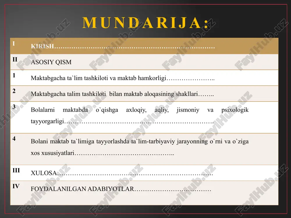 bolalarning fikrlash faolligini rivojlantirish, bolalarning tizimli o`qitishga funksional yetukliligini gigiyenik asoslash, maktabgacha katta yoshdagi bolalarda tasviriy savodxonlik elementlarini shakllantirish, katta guruh yoshidagi bolalarda ekologik tushunchalarini shakllantirish, katta yoshdagi bolalarda insonparvalik his-tuyg`ularini shakllantirish, maktabgacha yoshdagi bolalar va o`quvchilarning aqliy rivojlanish xususiyatlari, maktabgacha ta`limni variativ yondashuv asosida takomillashtirish kabi qator muammoalarni tadqiq etishgan. kurs ishining vazifalari: maktabgacha va boshlang`ich ta`limda ta`lim va tarbiyaning uzluksizligini o`rganish va tahlil qilish; maktabgacha va boshlang`ich ta`limda ta`lim va tarbiyaning uzluksizligini amaldagi holatini tizimli tahlil etish orqali pedagogik-psixologik xususiyatlarini aniqlashtirish; maktabgacha va boshlang`ich ta`limda ta`lim va tarbiyaning uzluksizligining mezonlari va ko`rsatkichlarini aniqlashtirish. kurs ishining ob`ekti: maktabga tayyorlov guruhlari ta`lim va tarbiya jarayoni. kurs ishining predmeti: maktabga tayyorlov guruhi ta`lim va tarbiya jarayonining mazmuni, shakl, metod va vositalari. kurs ishining hajmi: kirish, asosiy qism, 4 ta reja, xulosa, foydalanilgan adabiyotlar ro`yxati va ilovalardan iborat. maktabgacha ta`lim tashkiloti va maktab hamkorligi mamlakatimizda mustaqillik yo`lidagi ilk qadamlardanoq jamiyatning barcha sohalarini …
