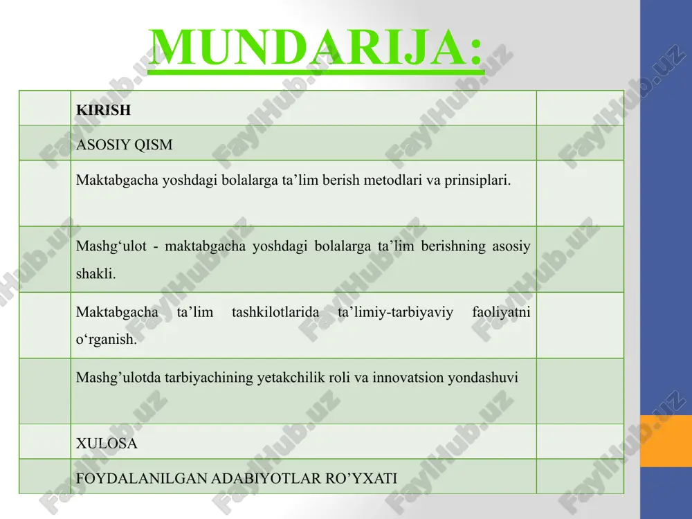 motlar to’plash. mashg‘ulot - maktabgacha yoshdagi bolalarga ta’lim berishning asosiy shakli ekanligini nazariy jihatdan asoslash. maktabgacha ta’lim tashkilotlarida ta’limiy-tarbiyaviy faoliyatni o‘rganish kusr ishining obyekti. kurs ishining obyekti maktabgacha yoshdagi bolalarga mashg’ulot o’tish jarayoni. kusr ishining predmeti. kurs ishining ishining predmeti maktabgacha yoshdagi bolalarga o’quv faoliyatlarini tashkil qilish usullari. kurs ishi materiallarining ilmiy va amaliy ahamiyati. kurs ishida asoslangan tavsiyalar, ilmiy qarashlardan tarbiyachilar ta’limiy-tarbiyaviy faoliyatlarni to’g’ri tashkil etishda foydalanishlari mumkin. kurs ishining tuzilishi: kirish, 4 reja, xulosa, foydalanilgan adabiyotlar ro‘yxati va ilovalardan iborat. maktabgacha yoshdagi bolalarga ta’lim berish metodlari va prinsiplari “o‘zbekiston respublikasida maktabgacha ta’lim to‘g‘risida”gi nizomga muvofiq bola maktabgacha ta’limni oilada, maktabgacha ta’lim tashkilotlarida oladi. mttda ta’lim-tarbiyani tarbiyachi-pedagoglar amalga oshiradi. tarbiyachi-pedagoglar o‘z faoliyatlarida maktabgacha ta’lim yoshidagi bolalarni har tomonlama kamol toptirish yo‘lida amaliy harakatlarni tashkil etish bilan birga ularning estetik tarbiyasiga alohida e’tibor qaratadi.o‘zbekiston respublikasining «ta’lim to‘g‘risida»gi qonuni, o‘zbekiston respublikasi prezidentining 2016 yil 29 dekabrdagi pq-2707-son «2017 — 2021 yillarda …