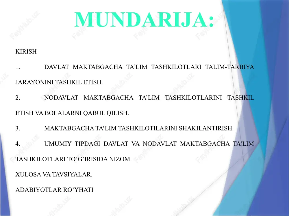 dagi davlat va nodavlat maktabgacha ta’lim tashkilotlarini tashkil qilish. kurs ishining obekti. kurs ishi loyihasining obekti sifatida mtt tashkiloti olindi. kurs ishining metodlari. 1. kuzatish. 2. suhbat. 3. eksprement. 4. savol- javob. 5. anketa. kurs ishining tuzilishi. kirish, 4 paragraf, xulosalar, foydalanilgan adabiyotlar ro’yxati va ilovalardan iborat. davlat maktabgacha ta’lim tashkilotlari talim-tarbiya jarayonini tashkil etish. maktabgacha ta’lim tashkiloti uzluksiz ta'lim tizimining birinchi bosqichi, jamiyatning eng muhim ijtimoiy zaminidir. maktabgacha ta'lim muassasi bolalarni tarbiyalash va rivojlantirish, ularni maktabga tayyorlashda yetakchi o'rin tutadi. barcha turdagi maktabgacha ta’lim tashkilotilari o'zbekiston respublikasi prezidentining «2017 - 2021-yillarda maktabgacha ta'lim tizimini yanada takomillashtirish choratadbirlari to'g'risida»gi 2016-yil 29-dekabrdagi pq-2707-son qaroriga muvofiq vazirlar mahkamasi qarori asosida tashkil etiladi. davlat maktabgacha ta’lim tashkilotida ta’lim mazmuni maktabgacha ta'limga qo'yiladigan davlat talablariga asosan ishlab chiqilib, o'zbekiston respublikasi maktabgacha ta’lim vazirligi tomonidan tasdiqlangan yoki tavsiya qilingan dasturlar bilan belgilanadi. davlat maktabgacha ta’lim tashkilotining ish tartibi va bolalarning ushbu muassasada bo'lish vaqti davlat …