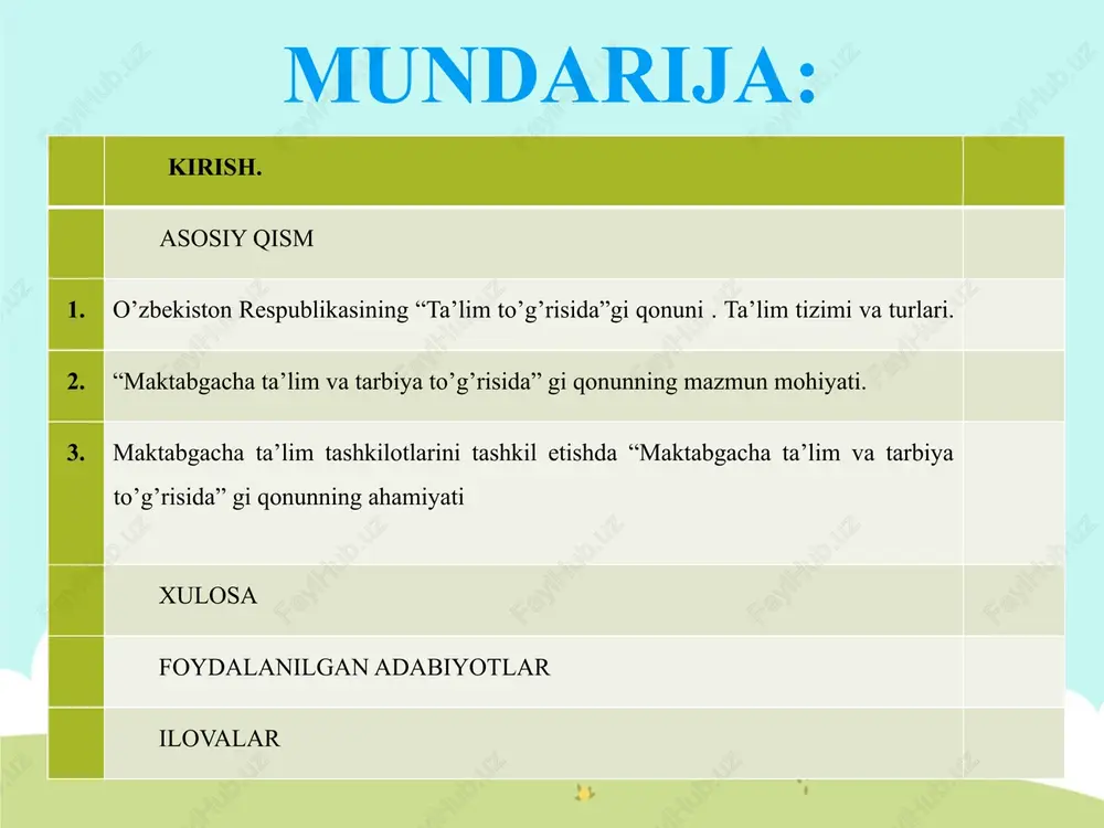 ni o’rganish orqali bolalarning rivojlanish bosqichlarni o’rganib, tahlil qilish; “maktabgacha ta’lim va tarbiya to’g’risida” gi qonunni o’rganish orqali mttdata’limiy-tarbiyaviy faoliyatini to’g’ri tashkil etish; kurs ishining obyekti: o’zbekiston respublikasining “maktabgacha ta’lim va tarbiya to’g’risida” gi qonunni. kurs ishinng predmeti: o’zbekiston respublikasining “maktabgacha ta’lim va tarbiya to’g’risida” gi qonunnini o’rganish jarayoni kurs ishining ahamiyati: o’zbekiston respublikasining “maktabgacha ta’lim va tarbiya to’g’risida” gi qonunni o’rganish orqali mttda ta’lim-tarbiya jarayonini to’g’ri tashkil etishga qaratilgan. kurs ishining tuzilishi: kurs ishi kirish, 3 paragraf, xulosa, foydalanilgan adabiyotlar ro’yxati va ilovalardan iborat. o’zbekiston respublikasining “ta’lim to’g’risida”gi qonuni . ta’lim tizimi va turlari. o'zbekiston respublikasi siyosiy mustaqillikni qo'lga kiritgach, ijtimoiy hayotimizning barcha sohalarida tub islohotlar amalga oshirila boshlandi. totalitar boshqaruv usuli asosida, ish yuritilayotgan xalq ta'limi tizimida ham so'nggi o'n yilliklar davomida yuzaga kelgan muammolarni hal etish vazifasi respublika hukumati hamda mutasaddi tashkilotlarni ta'lim tizimida ham jiddiy o'zgarishlarni amalga oshirishga undadi. bu boradagi say – harakatlarning samarasi sifatida …