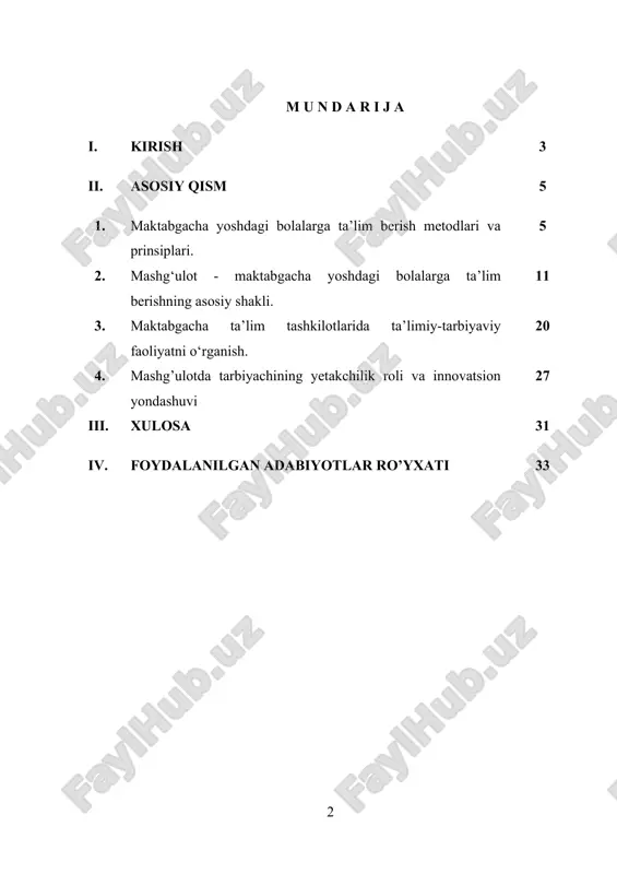 im olishga samarli tayyorlashda yordam berishni nazarda tutadi.u maktabgacha ta’limning mazmunini belgilaydi va mulk shaklidan qat’iy nazar, maktabgacha ta’lim tashkilotlarini bolalikning qadr-qimmatini saqlab qolgan xolda barcha bolalarning tenghuquqligini va har bir bolaning individual rivojlanishini tadbiq etishga yo’naltirilgan. maktabgacha ta’lim tizimi uzluksiz ta’limning birlamchi, eng asosiy bo’g’inidir. mutaxassislarning ilmiy xulosalariga ko’ra, inson o’z umri davomida oladigan barcha axborot va ma’lumotning 70 foizini 5 yoshgacha bo’lgan davrda oladi. shu bois bolalarning sog’lom va bilimli, yetuk kadrlar bo’lib voyaga etishida maktabgacha ta’lim tarbiyasi juda - muhim o’rin tutadi. o’zbekiston respublikasining prezidenti shavkat mirziyoev bu tizimga alohida e’tibor qaratmoqda. shu masalaga doir bir necha yig’ilish o’tkazildi, tarixiy qarorlar qabul qilinmoqda. o’zbekiston respublikasining prezidenti bu tizimga alohida e’tibor qaratmoqda. shu masalaga doir bir necha yig’ilishlar o’tkazildi, qarorlar qabul qilinmoqda. o’zbekiston respublikasi prezidenti huzurida 2017 yil 16 avgust kuni bo’lib o’tgan yig’ilishda maktabgacha ta’lim tizimini tarkibiy jihatdan tubdan isloh qilish, mazkur tashkilotlarga bolalarni to’la qamrab olish …