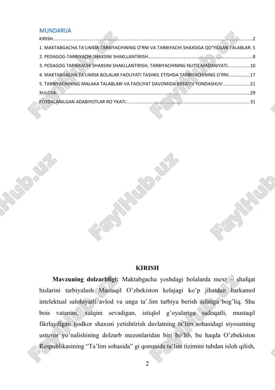 qaror topayotgan sharoitlarda jamiyatimizda yuz berayotgan tub ijtimoiy , siyosiy va ma’naviy o’zgarishlar , umuminsoniy qadriyatlar tizimida shaxs omiliga qo’yilayotgan yosh avlodning ma’naviy axloqiy, jismoniy va har tomonlama barkamol shaxsni tarbiyalashni taqozo etadi. [footnoteref:1] [1: o‘zbekiston respublikasi prezidentining 2017-yil 30-sentabrdagi pq-3305-son “o‘zbekiston respublikasi maktabgacha ta’lim vazirligi faoliyatini tashkil etish to‘g‘risida”gi qarori. ] darhaqiqat hozirgi zamon tarbiyachilar zimmasiga har tomonlama barkamol, fidoiy, komil inson, mehr – muruvvatli insonlarni tarbiyalash vazifasini yuklaydi. komillikni har bir inson o’zicha tushunadi va turli yo’llar bilan unga erishishga intiladi. shuning uchun ham inson komillikka yetaklovchi muhim omillarni falsafiy idrok etish va anglashi nihoyatda muhimdir. insonlarni komillashib , o’zligini anglashi bunyodkorlik, fidoyilik ishlarini amalga oshirish, ezgu maqsadlar yo’lida mexr – mruvvat ko’rsatishni jamiyat taraqqiyotini ta’minlashning muhim kafolati hisoblanadi. ma`naviyati ustuvor jamiyatning iqtisodiy, ijtimoiy rivojiga ham o’z ta’sini ko’rsatadi. chunki u insonning madaniy darajasi bilan bog’liqdir. demak hozirgi kunda mehr muruvvatlilk tarbiyasi bo’yicha ilmiy tadqiqot olib borish muhim …