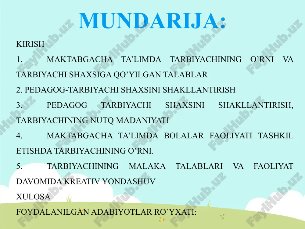 rajasi maktabgacha ta'lim oldiga o'sib kelayotgan yosh avlodlarga ta'lim-tarbiya berish jarayonini uzluksiz takomillashtirish vazifasini qo'yildi va mazkur kurs ishida aynan ushbu masalani hal qilish maqsadida mttda matematikani tashkil etish bo’yicha nazariy va amaliy manbalar to’plandi. psixologlar, pedagoglar va metodistlar tajribali tarbiyavchilar mazkur tadqiqot ishidan mashg’ulotlarni tashkil etish yo'llari, shakllari hamda uslublarini o’rganadilar va keng foydalanadilar. kurs ishining tuzilishi: mazkur kurs ishi kirish, 5 ta reja, xulosa foydalanilgan adabiyotlar ro`yxati va ilovalardan iborat. maktabgacha ta’limda tarbiyachining o’rni va tarbiyachi shaxsiga qo’yilgan talablar o‘zbekiston respublikasida amalga oshiriladigan ulkan islohatlarning muvaffaqiyatga eng avvalo odamlarning o‘z ishlariga ma'suliyat bilan qarashlariga, kundalik mehnat faoliyatida mamalakat taraqqiyotiga hissa bo‘lib qo‘shiladigan savobli ishlarni qila oshilariga bog‘liq. jamiyatda pedagog (o‘qituvchi, tarbiyachi) birinchidan, o‘sib kelayotgan avlodni tarbiyalash, ikkinchidan mehnatkash xalqimizga har tomonlama bilim berishdek savobli va ma'suliyatli vazifalarni bajaradi. pedagogika – bu kelajak, istiqbol uchun meros qilib qoldiriladigan boylikdir. bu boylikning qadr-qimmati shu qadar buyukki, u odamni ma'naviy jihatdan …