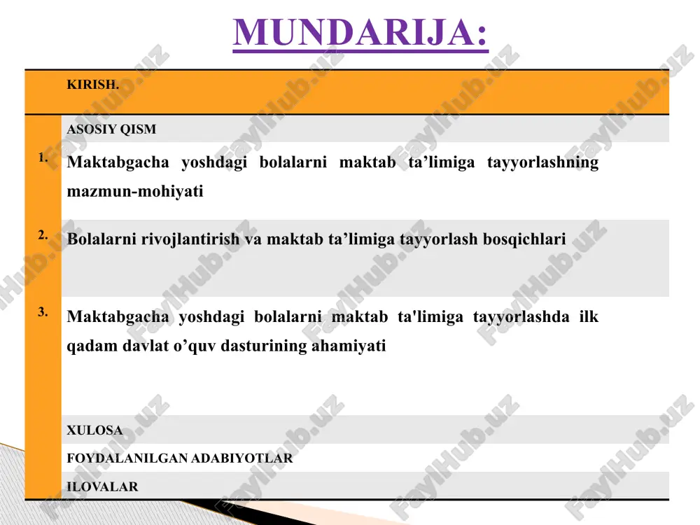 oʻzbekiston respublikasi vazirlar mahkamasining 2018-yil 8-dekabrdagi “boshlangʻich taʼlimga bolalarni majburiy bir yillik tayyorlashga bosqichma-bosqich oʻtish boʻyicha chora-tadbirlari toʻgʻrisida”gi 999-sonli qarorini ijro etish doirasida davlat oʻz zimmasiga 6-7 yoshli bolalarning maktabga toʻlovsiz majburiy bir yillik tayyorgarligi boʻyicha majburiyatini oldi. 6-7 yoshli bolalar uchun moʻljallangan majburiy boshlangʻich taʼlimga bir yillik tayyorlash guruhlari, bolalarini toʻliq kunli maktabgacha taʼlim tashkilotiga berish imkoniyatiga ega boʻlmagan yoki muayyan sabablarga koʻra, bolasini maktabgacha taʼlim tashkilotlariga bermagan ota-onalarning talab-ehtiyojlarini qondirishiga va istisnosiz barcha bolalarning taʼlim olish va rivojlanishga teng imkoniyatga ega boʻlishini taʼminlashga qaratilgan. davlat tomonidan taʼlimga berilgan eʼtibor va bu sohadagi yuksalishlar ota-onalar tomonidan eʼtirof etilib, farzand taʼlim-tarbiyasiga nisbatan ularni bu boradagi masʼuliyatini kuchaytirmoqda. ota-onalarimiz tomonidan bolaning ushbu yosh davrida farzandlari tezroq mustaqil oʻqishni va yozishni bilishni istashlari haqida xohish-istaklarni bildiradilar. shu oʻrinda taʼkidlash lozimki, maktabgacha yoshdagi bolalarni maktab taʼlimiga tayyorlash - dolzarb masala. olimlar tomonidan olib borilgan tadqiqotlar shuni koʻrsatadiki, bola yosh rivojlanish bosqichlarida uning jismoniy, …