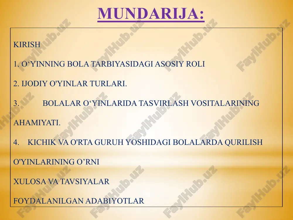 a talim berish shakli koʻnikmalariga qoʻyilgan talabalar va rioya qilish usullarini ishlab chiqish va tajribada tekshirish. kurs ishi predmeti: qoidali o‘yinlar bolalarga talim berish shakli o‘ziga xosligining mazmuni. kurs ishi metodlari: ishimizni tayyorlashda quyidagi metodlardan foydalandik. kuzatish suhbat. savol javob. tajriba kurs ishining amaliy va ilmiy ahamiyati: ushbu ishimizda, o‘zbekiston respublikasi maktabgacha ta`lim tizimi konsepsiyasi mohiyatini va uning ahamiyatini o`rganib chiqamiz va tahlil qilib ma`lumotlar yig`amiz. to`plangan ma`lumotlardan ertangi kunda tarbiyachilar va bo‘lajak mudiralar foydalanishlari mumkin bo‘ladi. kurs ishi tuzilishi. kurs ishi kirish, to‘rtta reja, xulosa va tavsiyalar, foydalanilgan adabiyotlar ro‘yxati va ilovalardan iborat. o‘yinning bola tarbiyasidagi asosiy roli. o'yinning bola tarbiyasidagi asosiy roli bolalar tashkilotisi hayotini u bilan boyitishni talab etadi. shuning uchun ham o'yin bolalar hayotining kun tartibiga doimiy qilib kiritilgan. o'yinlar uchun nonushtagacha va undan keyin, mashg'ulotlardan so'ng, sayrlardan so'ng, kechqurun uyga ketishdan oldin vaqt ajratiladi. ertalab o'ta harakatchanlikni talab qilmaydigan o'yinlar uchun sharoit yaratish maqsadga muvofiqdir. …