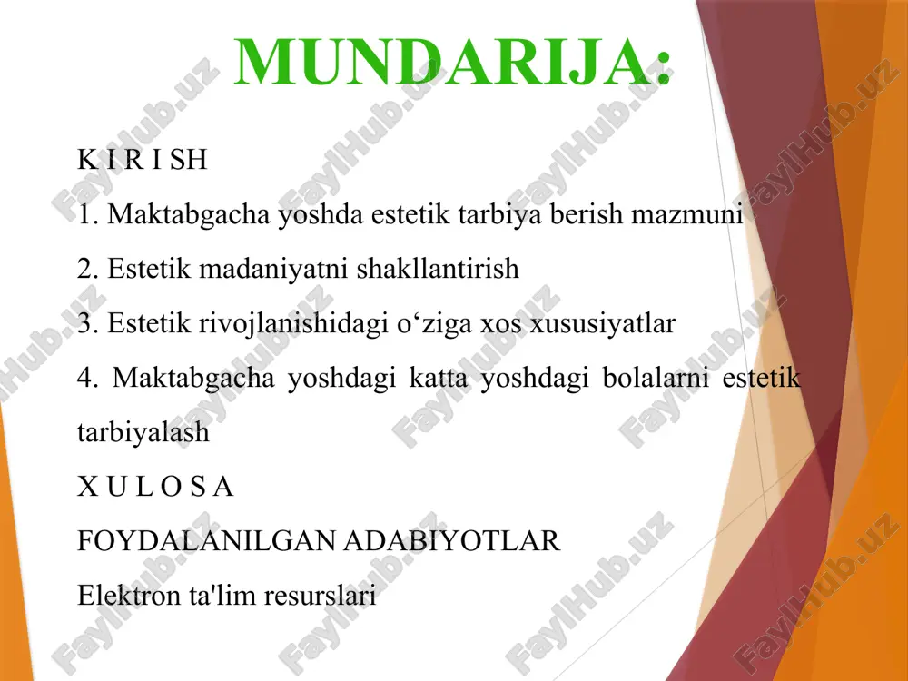 sh jarayoni mazmuni bilan belgilanadi. kurs ishi tuzilishi quyidagilardan iborat: kirish, 4 reja, xulosa foydalangan adabiyotlar ro`yxati va ilovalardan iborat. maktabgacha yoshda estetik tarbiya berish mazmuni insoniyat go’zallikni butun rivojlanish tarixi jarayonida egallaydi va yaratadi. go’zallik madaniy tarixiy tajribaning bir qismi hisoblanadi.uning ob'ektiv mavjudligi estetik tarbiya nazariyasini, estetik tajribani yosh avlodga maqsadga muvofiq va muntazam ravishda berish va shu orqali uni estetik rivojlantirishni ta'minlashning faol usullarini ishlab chiqishga yo’naltiradi. bunda estetik tarbiya madaniyatni egallashning asosiy vositasi tarbiya va ta'limdir. estetik tarbiya juda keng tushuncha bo’lib, unga tabiat, mehnat, ijtimoiy hayot, turmush va san'atga estetik munosabatni tarbiyalash kiradi. estetik tarbiya (nafosat tarbiyasi) - bu bolalarga voqelikdagi, san'atdagi, tabiatdagi, kishilarning ijtimoiy va mehnat munosabatlaridagi, turmushdagi go’zallikni idrok qilish hamda to’g’ri tushunishga o’rgatish, ularning badiiy didini o’stirish, ularda go’zallikka muhabbat uyg’otish va hayotga go’zallik olib kirish qobiliyatlarini tarbiyalashdir nozik didli bo’lish, go’zallikni fahmlay va qadrlay olish, badiiy madaniyatni tushunish, o’z hayotini go’zallik qonunlari …