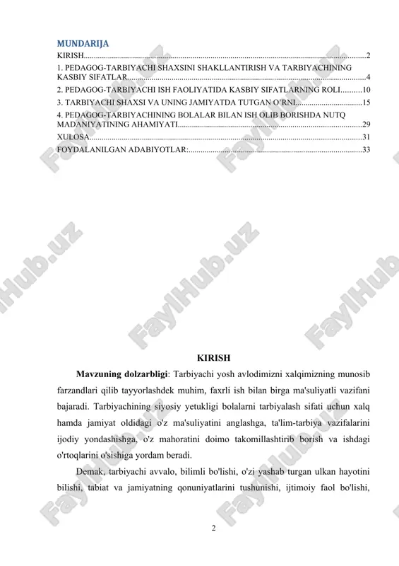 tuqlari uchun va tarbiyachilar,metodist,katta,metodist tarbiyachi va boshqa shunga òxshash unvonlar bilan taqdirlanadilar. ularga respublika miqyosidagi unvonlar beriladi. oʻsib kelayotgan yosh avlodni bilimlar bilan qurollantirish milliy qadriyatlarimiz ,ma'naviyatimizni tiklash jahon madaniyati,milliy madaniyatimiz durdonalari bilan tanishtirish,ularni jismoniy sogʻlom ma'naviy yetuk qilib tarbiyalashdek vazifalar qoʻyildi. davlat ahamiyatiga molik bunday vazifani amalga oshirishda umumtaʼlim maktablari bilan bir qator xalq ta'limining boshlangʻich boʻlimi boʻlgan bolalar bogʻchalari muhim rol oʻynaydi. buning uchun har bir tarbiyachi oʻzini talabchanligini oshirishi kerak. kurs ishi maqsadi: mtt tarbiyachisining jamiyatda tutgan o`rnini o`rganish. kurs ishi vazifalari: pedagog –tarbiyachining bolalarga ta`lim berish jarayonida unga qo`yiladigan talablarni ilmiy jihatdan asoslash. tarbiyachi shaxsini shakllantirish va uning kasbiy mahorati haqida ma`lumot berish. kurs ishi metodi: kuzatish, ma’lumotlar to’plash,tahlil qilish, o’yinnlar tashkil etib psixologik xususiyatlarni aniqlash. kurs ishi ob’yekti: maktabgacha ta`lim tashkiloti. kurs ishi tuzilishi: kirish, 4 ta reja, xulosa va foydalanilgan adabiyotlar ro`yxati va ilovalar qismidan iborat. 1. pedagog-tarbiyachi shaxsini shakllantirish va tarbiyachining kasbiy sifatlar …
