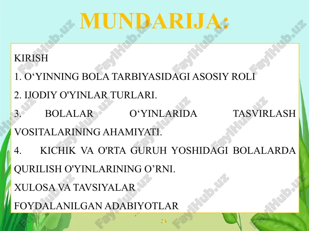 im berish shakli koʻnikmalariga qoʻyilgan talabalar va rioya qilish usullarini ishlab chiqish va tajribada tekshirish. kurs ishi predmeti: qoidali o‘yinlar bolalarga talim berish shakli o‘ziga xosligining mazmuni. kurs ishi metodlari: ishimizni tayyorlashda quyidagi metodlardan foydalandik. kuzatish suhbat. savol javob. tajriba kurs ishining amaliy va ilmiy ahamiyati: ushbu ishimizda, o‘zbekiston respublikasi maktabgacha ta`lim tizimi konsepsiyasi mohiyatini va uning ahamiyatini o`rganib chiqamiz va tahlil qilib ma`lumotlar yig`amiz. to`plangan ma`lumotlardan ertangi kunda tarbiyachilar va bo‘lajak mudiralar foydalanishlari mumkin bo‘ladi. kurs ishi tuzilishi. kurs ishi kirish, to‘rtta reja, xulosa va tavsiyalar, foydalanilgan adabiyotlar ro‘yxati va ilovalardan iborat. o‘yinning bola tarbiyasidagi asosiy roli. o'yinning bola tarbiyasidagi asosiy roli bolalar tashkilotisi hayotini u bilan boyitishni talab etadi. shuning uchun ham o'yin bolalar hayotining kun tartibiga doimiy qilib kiritilgan. o'yinlar uchun nonushtagacha va undan keyin, mashg'ulotlardan so'ng, sayrlardan so'ng, kechqurun uyga ketishdan oldin vaqt ajratiladi. ertalab o'ta harakatchanlikni talab qilmaydigan o'yinlar uchun sharoit yaratish maqsadga muvofiqdir. mazmunan …
