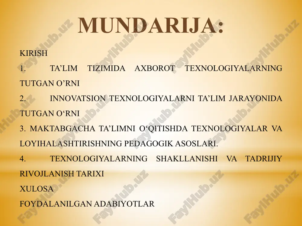 javob qaytarish, kam holatlarda (ruxsat etilganidagina) so‘zlashdan iboratdir. an’anaviy ta’limdagi bir tomonlamalik oliy ta’lim tizimidagi faqat ma’ruza mashg‘ulotlarida emas, seminar darslarida ham ustuvorlik qiladi. kurs ishining tuzilishi: mazkur kurs ishi kirish, 4 ta reja, xulosa, foydalangan adabiyotlar ro`yxati va ilova qismlardan iborat. ta’lim tizimida axborot texnologiyalarning tutgan o’rni hozirgi davrda ta’limni axborot texnologiyalarisiz tasavvur qilib bo‘lmaydi, mana shu sababli barchamiz «yangi pedagogik texnologiyalar» atamasini ishlata boshladik. bir misol, shaxsiy kompyuter ta’limning imkoniyatlarini butunlay o‘zgartirib yubordi. internet leptoplar ta’lim tizimiga yangi pedagogik texnologiyalarni tatbiq etish bo‘yicha yanada kattaroq imkoniyatlar yaratib berdi. o‘zbekistonning mustaqilligi sharoitlarida ta’lim tizimini isloh qilish birinchi navbatda ta’lim va tarbiya tizimiga ilg‘or axborot texnologiyalarning tatbiq etish bilan bog‘liq. ma’lumki, axborot-kommunikatsiya texnologiyalari mikroelektronika, hisoblash texnikasi (apparatli vositalar va dasturiy ta’minotlar), elektroaloqa va antoelektronika-mikroprosessorlar, yarimo‘tkazgichlar va optik-tolali kabellar sohalaridagi kashfiyotlar bilan bog‘liq. bu kashfiyotlar ulkan axborotlarni ishlab chiqish va saqlashga hamda ularni kommunikasiya tarmoqlari orqali tez tarqatish imkonini beradi. kompyuterlarni …