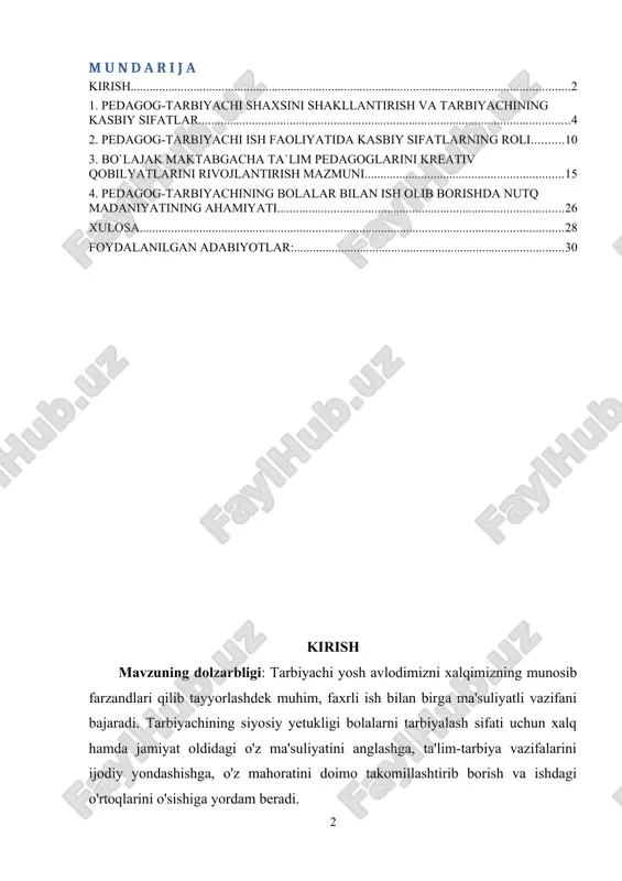 yatini yuqori baholamoqda. yosh avlodni komil inson qilib,kamolot sari yetaklashdagi erishgan yutuqlari uchun va tarbiyachilar,metodist,katta,metodist tarbiyachi va boshqa shunga òxshash unvonlar bilan taqdirlanadilar. ularga respublika miqyosidagi unvonlar beriladi. oʻsib kelayotgan yosh avlodni bilimlar bilan qurollantirish milliy qadriyatlarimiz ,ma'naviyatimizni tiklash jahon madaniyati,milliy madaniyatimiz durdonalari bilan tanishtirish,ularni jismoniy sogʻlom ma'naviy yetuk qilib tarbiyalashdek vazifalar qoʻyildi. davlat ahamiyatiga molik bunday vazifani amalga oshirishda umumtaʼlim maktablari bilan bir qator xalq ta'limining boshlangʻich boʻlimi boʻlgan bolalar bogʻchalari muhim rol oʻynaydi. buning uchun har bir tarbiyachi oʻzini talabchanligini oshirishi kerak. kurs ishi maqsadi: mtt tarbiyachisining jamiyatda tutgan o`rnini o`rganish. kurs ishi vazifalari: pedagog –tarbiyachining bolalarga ta`lim berish jarayonida unga qo`yiladigan talablarni ilmiy jihatdan asoslash. tarbiyachi shaxsini shakllantirish va uning kasbiy mahorati haqida ma`lumot berish. kurs ishi metodi: kuzatish, ma’lumotlar to’plash,tahlil qilish, o’yinnlar tashkil etib psixologik xususiyatlarni aniqlash. kurs ishi ob’yekti: maktabgacha ta`lim tashkiloti. kurs ishi tuzilishi: kirish, 4 ta reja, xulosa va foydalanilgan adabiyotlar ro`yxati va …