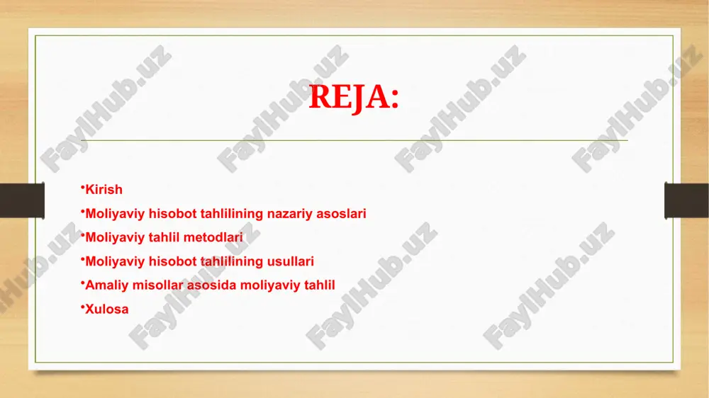 rar ko‘rsatkichlari hamda pul oqimlari o‘z ifodasini topadi. moliyaviy hisobot yordamida korxonaning qanchalik barqaror ishlayotgani, resurslardan qay darajada samarali foydalanilayotgani aniqlanadi. moliyaviy hisobotning asosiy vazifalari quyidagilardan iborat: xo‘jalik faoliyati natijalari haqida ishonchli ma’lumot berish; korxonaning moliyaviy ahvoli va rentabelligini baholash imkonini yaratish; boshqaruv qarorlarini qabul qilish uchun axborot bazasini ta’minlash; investorlar, kreditorlar va davlat organlarini moliyaviy ahvol to‘g‘risida xabardor qilish. . . 2.moliyaviy hisobot tahlilining nazariy asoslari moliyaviy tahlil metodlari – bu korxona moliyaviy hisobotlari asosida uning iqtisodiy faoliyatini baholashda qo‘llaniladigan ilmiy-uslubiy yondashuvlar majmuasidir. har bir metod korxonaning moliyaviy ahvolini turli jihatdan ochib beradi va ular bir-birini to‘ldiradi. gorizontal (dinamik) tahlil gorizontal tahlil – bu moliyaviy ko‘rsatkichlarning vaqt bo‘yicha o‘zgarishini aniqlash usuli. asosiy maqsad – korxonaning moliyaviy ko‘rsatkichlari qaysi yo‘nalishda (o‘sish yoki pasayish) harakat qilayotganini ko‘rsatish. masalan: agar korxona sof foydasi 2022 yilda 1,2 mlrd so‘mni tashkil qilgan bo‘lsa, 2023 yilda 1,6 mlrd so‘mga yetishi 33% o‘sishni bildiradi. 3.moliyaviy hisobot …
